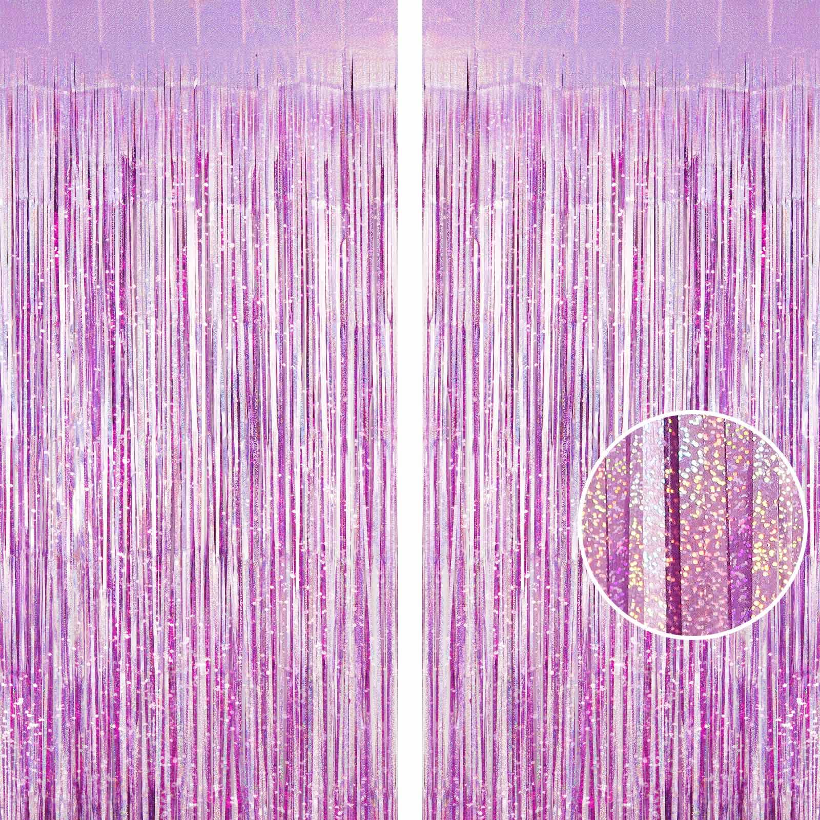 Light Purple Fringe Curtain Backdrop, 2 Pack Tinsel Foil Fringe Curtains Party Decorations Streamers, Xmas Light Purple Metallic Glitter Backdrop for