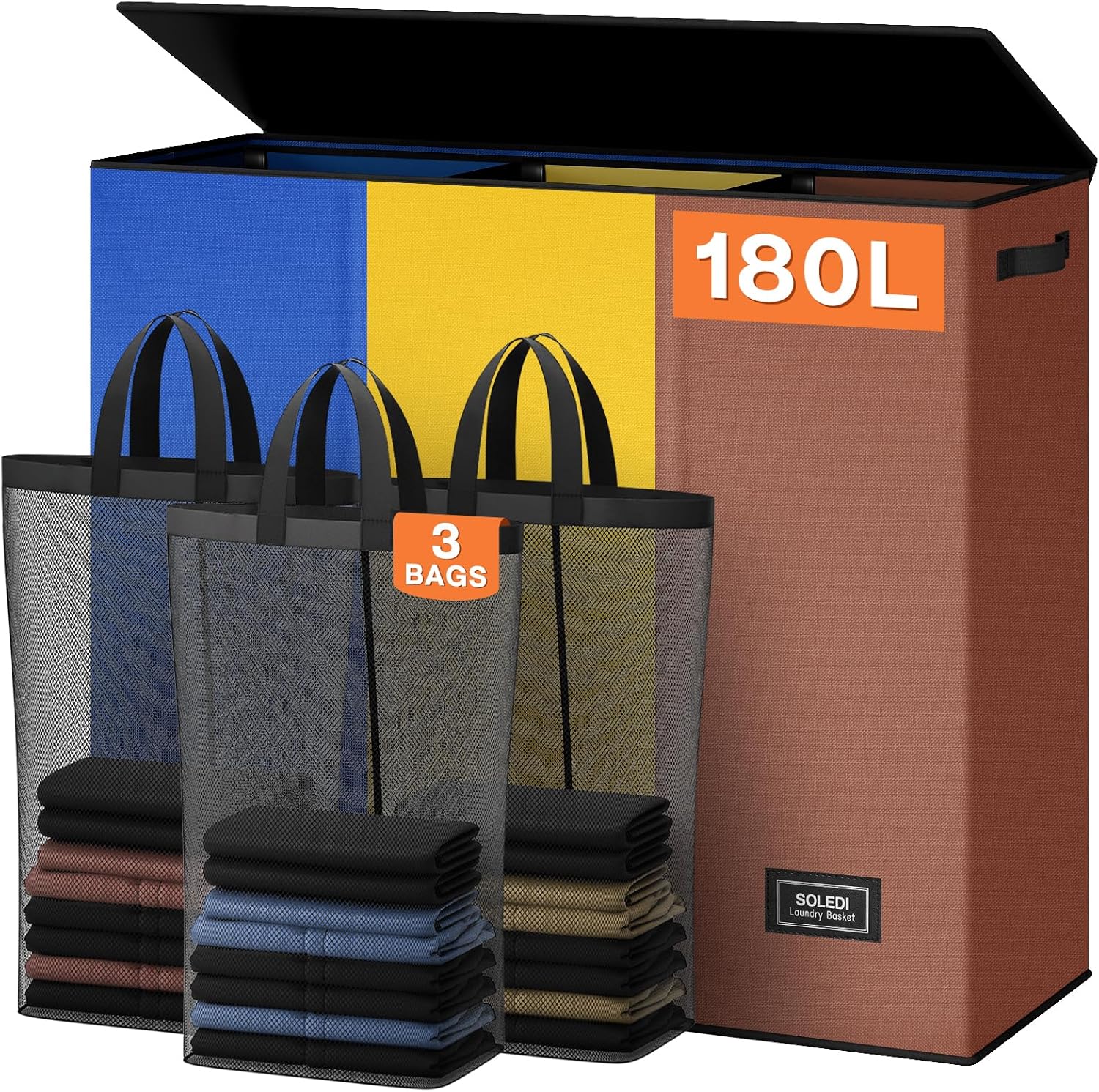 SOLEDI 180L Laundry Hamper 3 Section, Extra Large Laundry Hamper with Lid, Dirty Clothes Hamper with Sturdy Handle, Large Laundry Basket Organizer for Laundry Room, Bedroom, Hampers for Laundry