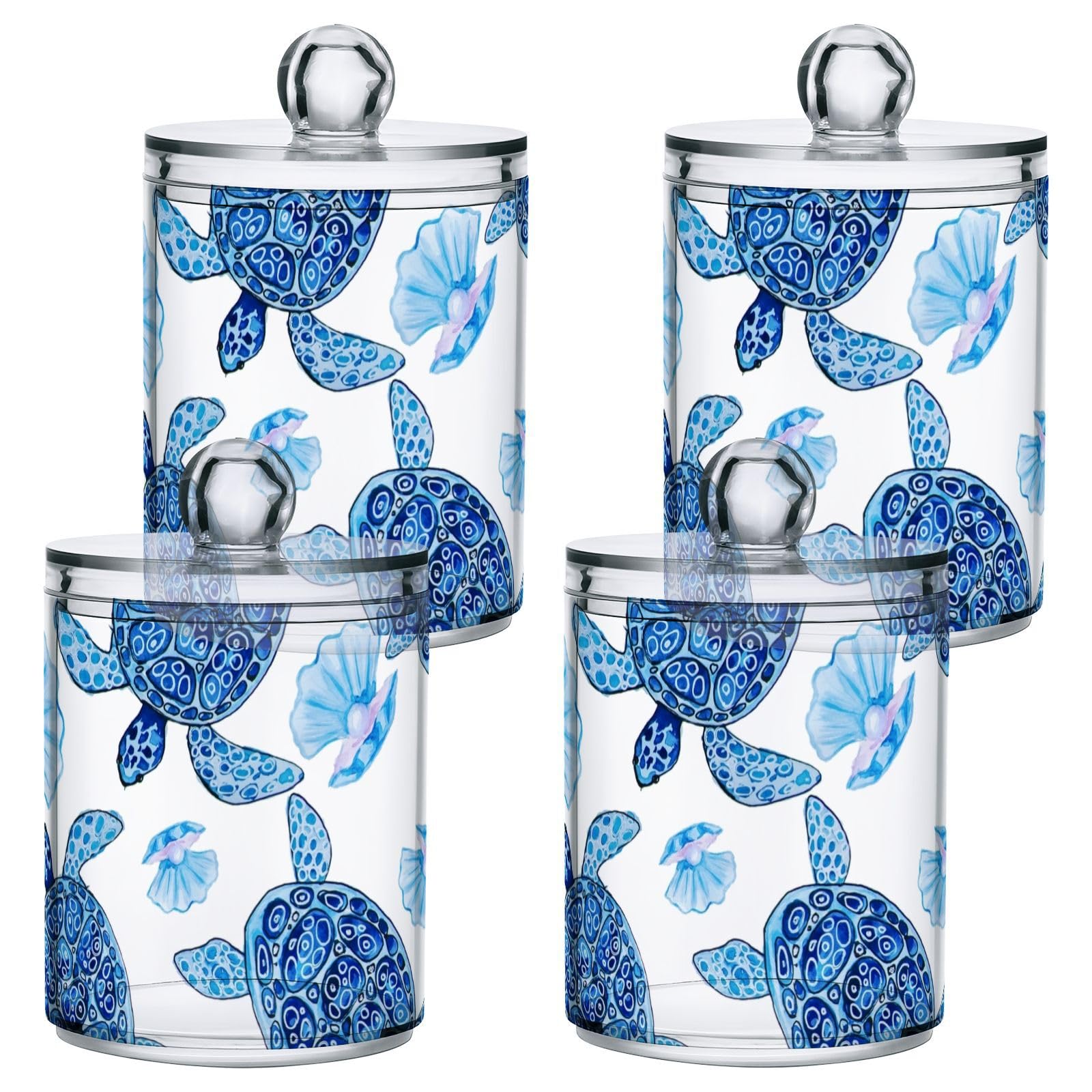 Wassud Qtip Holder Dispenser Apothecary Jars with Lids Blue Turtle Shell Clear Bathroom Container Cotton Swab Ball Holder 2 Pack