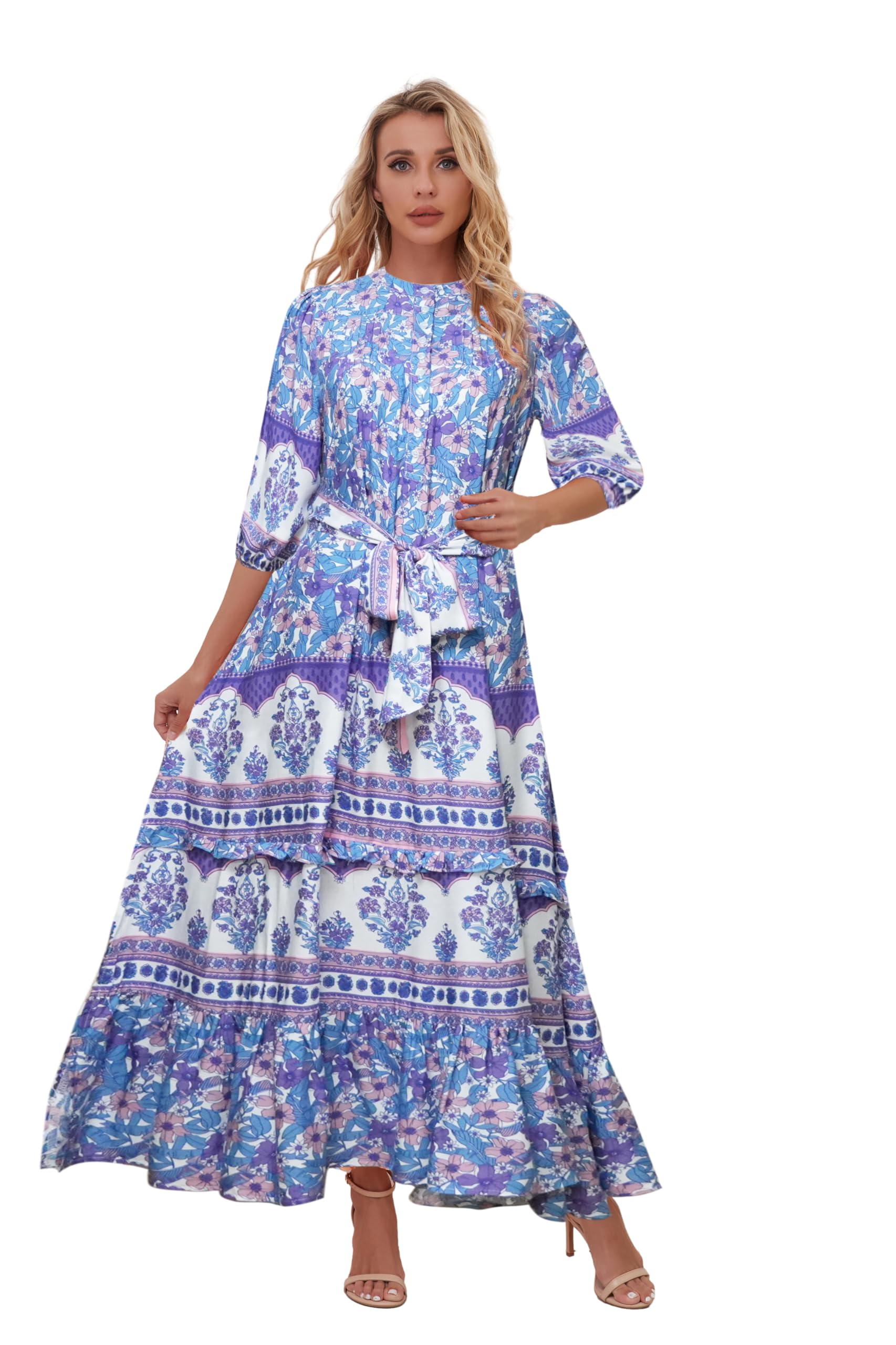 Women Boho High-Waist Floral Print Maxi Dress 3/4 Sleeve Casual | Soft Rayon, Breathable, Quick-Dry. High-Waist with Adjustable Belt, Flattering Hem. Ideal for Beach, Work &amp; Dating.