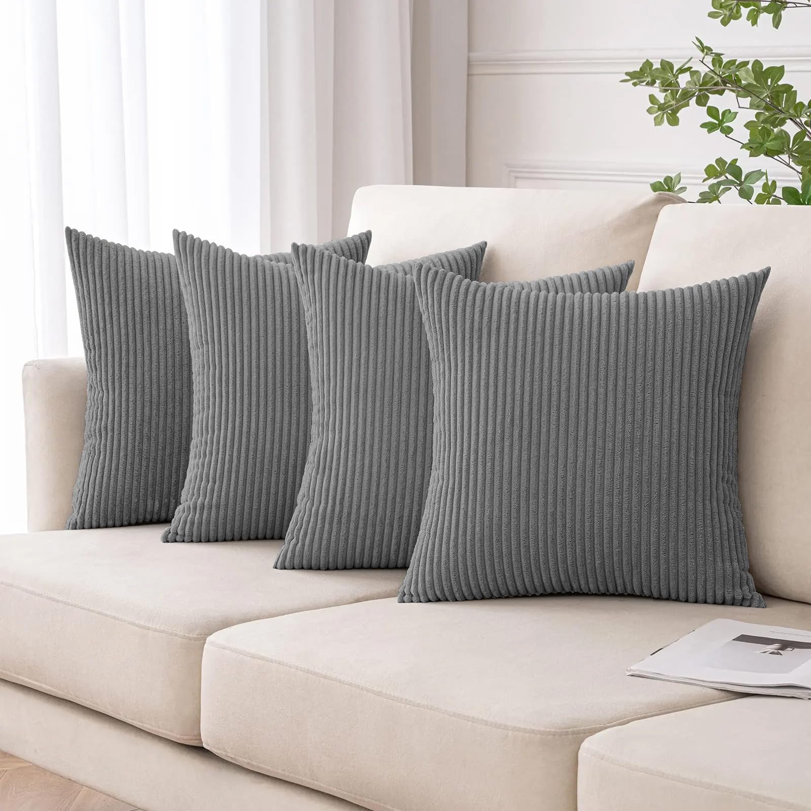 Moonlight Bedding Silver Cushions With Covers Included Pack Of 4 (4 Covers, 4 Inserts) 45 X 45 Grey Cushions Stripe Throw Pillow Cases With Invisible Zipper For Living Room Bed Sofa