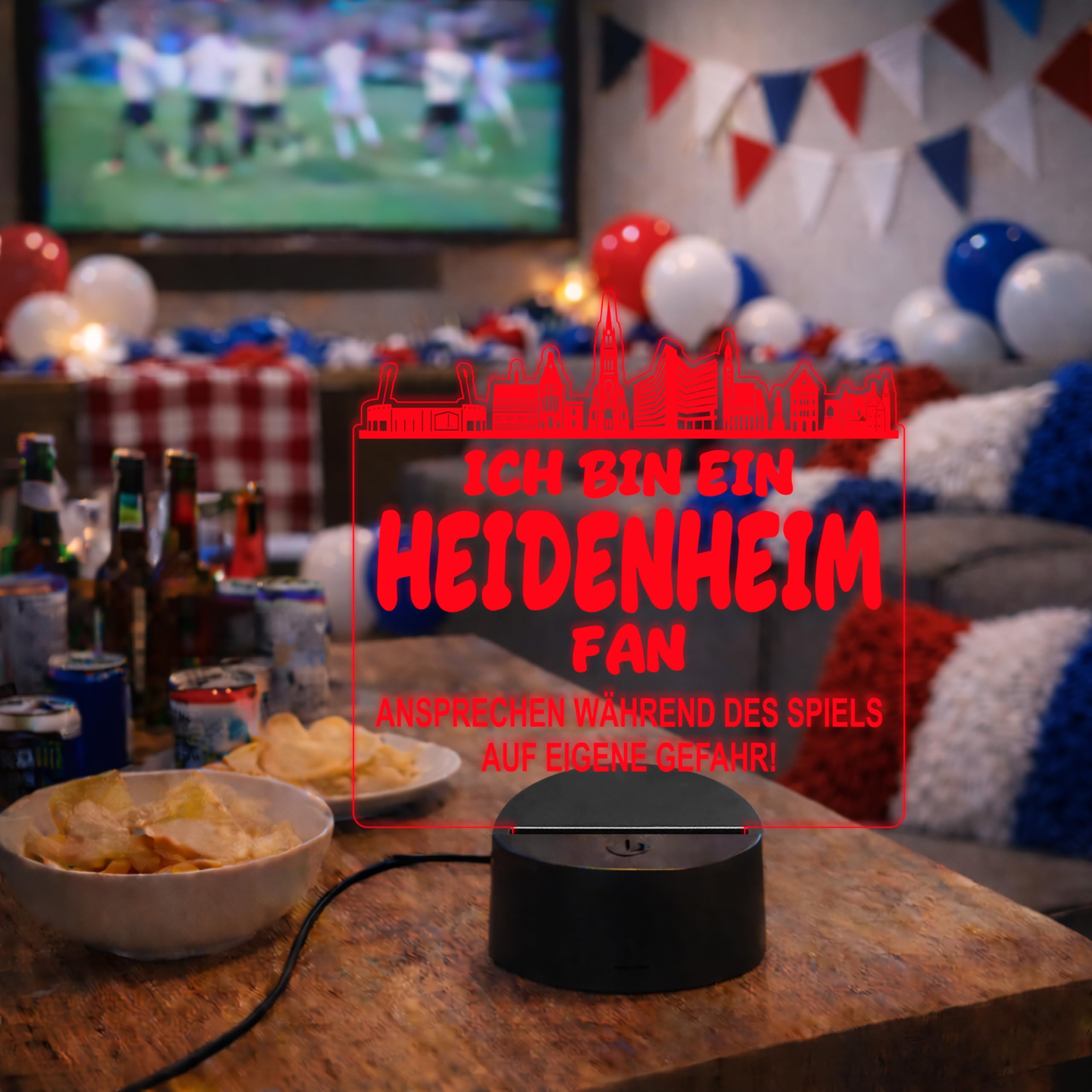 Lieblingsmensch Heidenheim Fan Fußball LED Nachtlicht – 3D Skyline Design „Ansprechen auf eigene Gefahr“ – RGB Farbwechsel mit Fernbedienung & Touch – Stimmungslicht für die Man Cave – 19x23cm