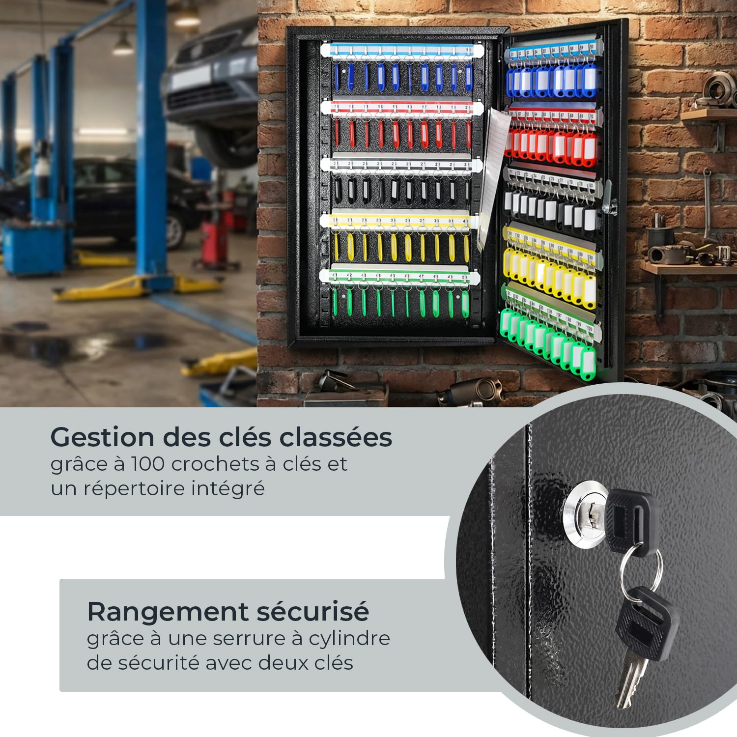 HMF Armoire à clés Grande capacité en Acier, Boite a Clef Murale verrouillable pour Bureau, Administration ou Parc Automobile | 100 Crochets à clés | 55 x 38 x 8 cm | Noir