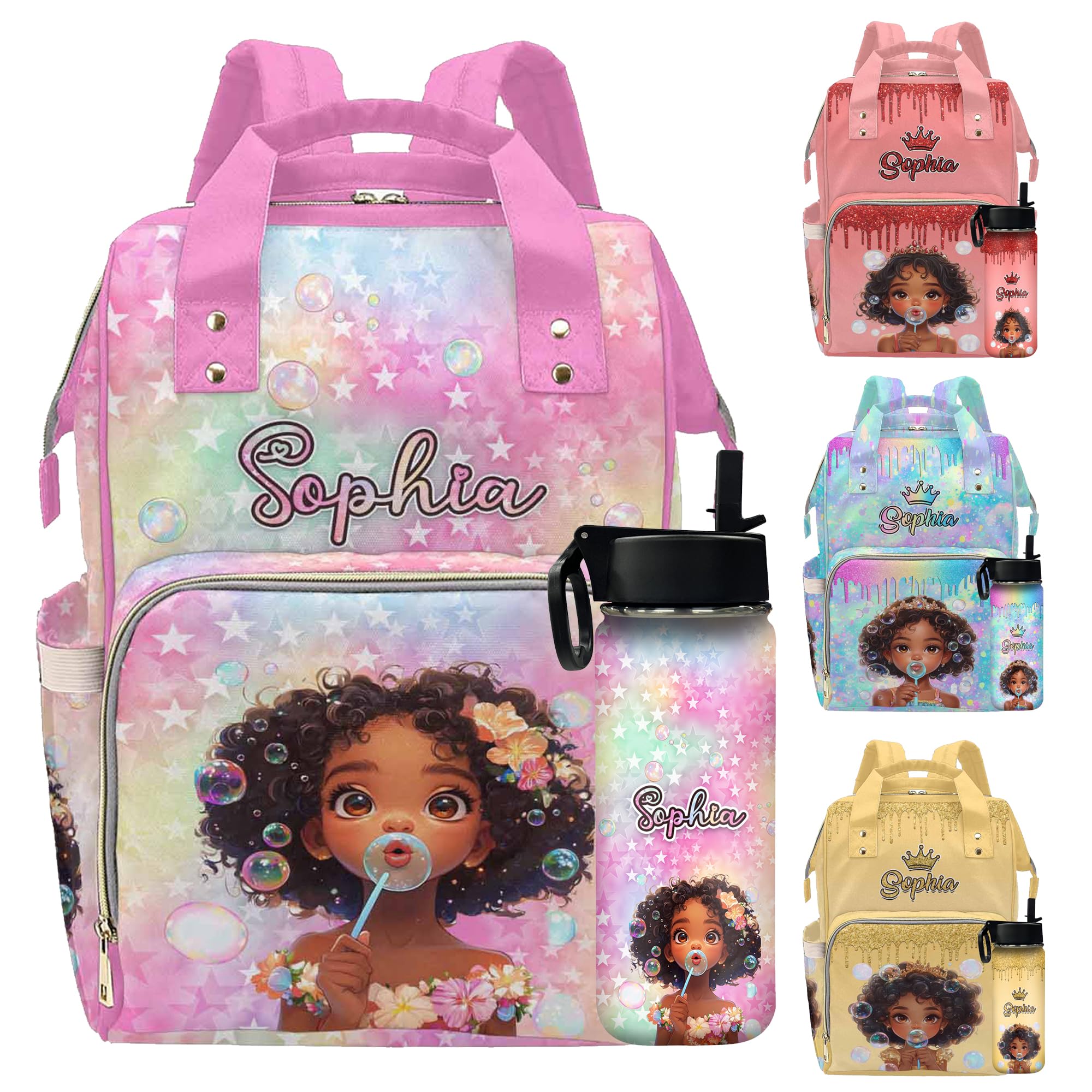 InterestPrint Personalized Cute Bubble Africa Girl Pink Star Pattern with Bottle Diaper Bag Nursing Baby Bags Nappy Bag Travel Daypack for Mom Dad