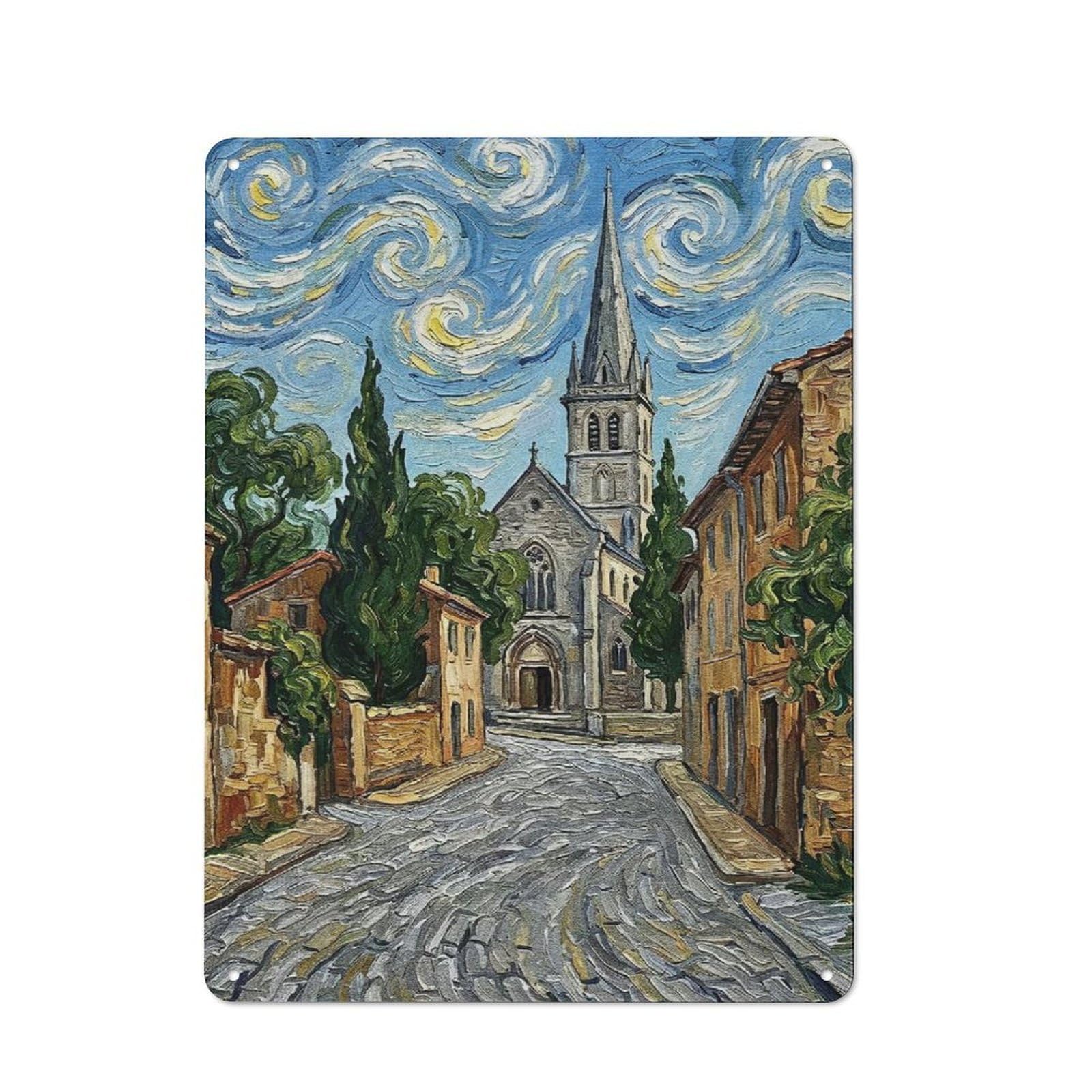 Junmoney Style-11 Metal Sign 40X30cm With Impressionistic Church In A European Town For Hallway Wall, Retro Decor, Gift For Hallway Decor Lovers During The Christmas Season