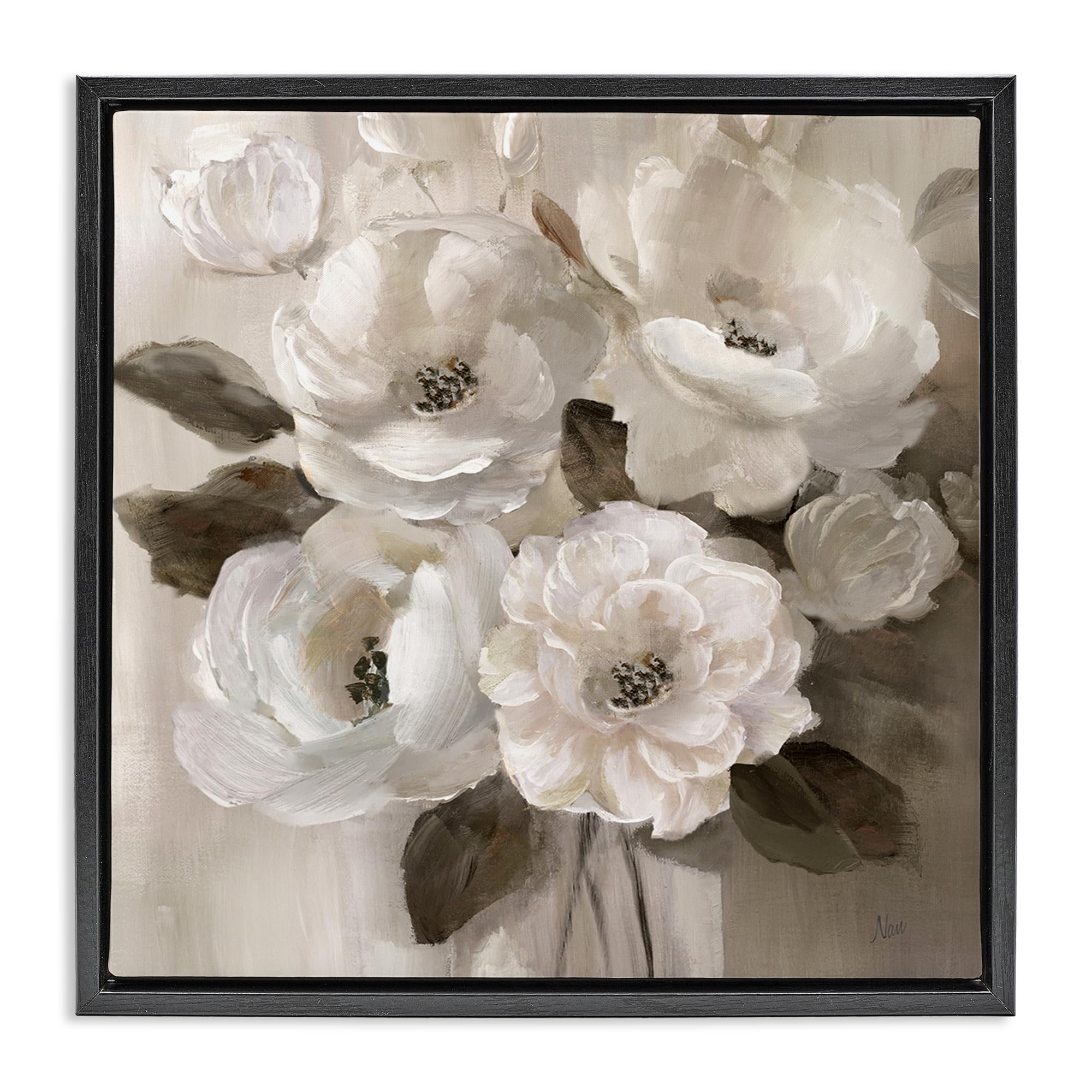Stupell Industries Jet Black (Matte) Ivory Flower Bushel Floral, 24 X 24 Inch Canvas In Floater Frame