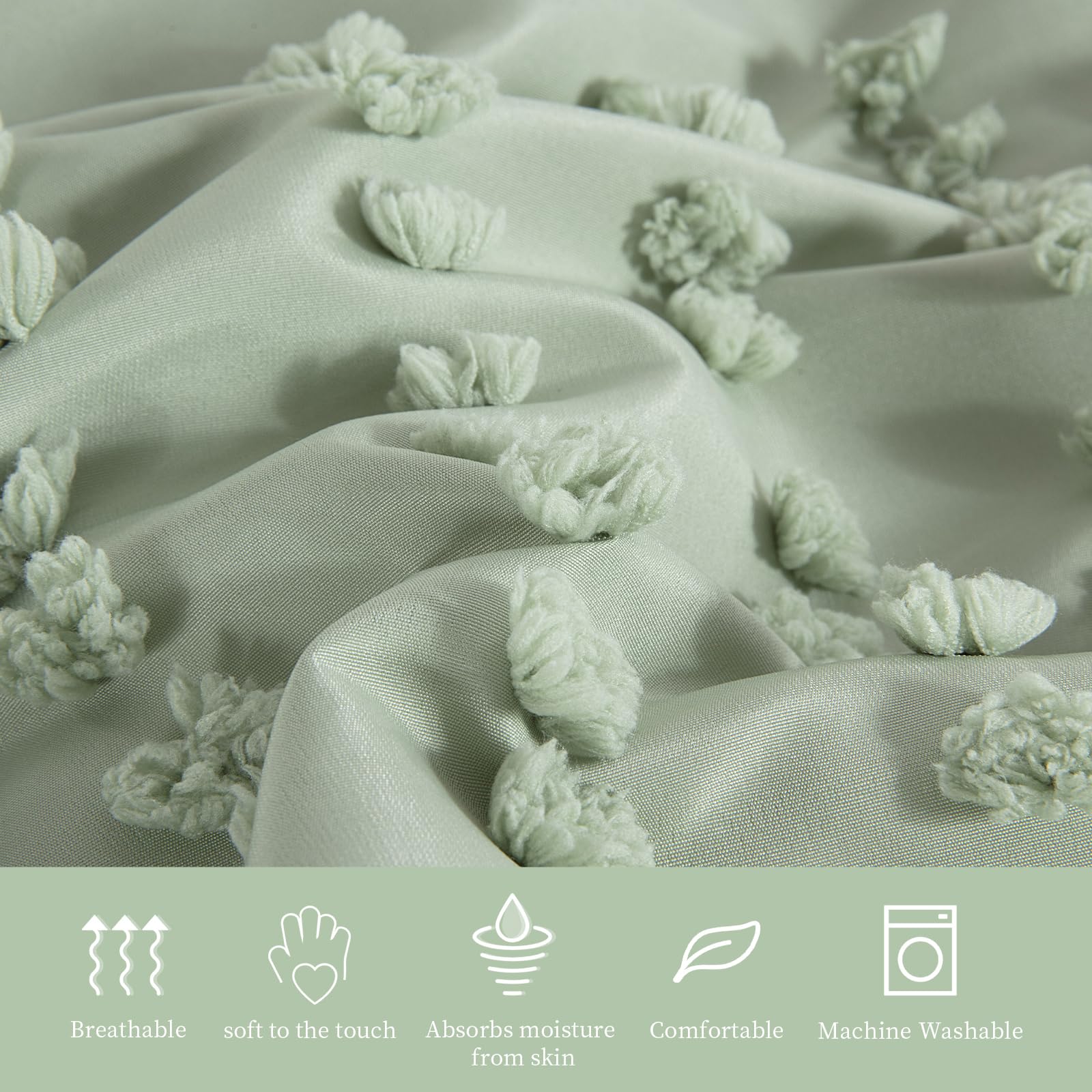 HOMBYS 3 Piece Tufted Oversized King Comforter Set 120x120, Breathable Sage Green Pom Pom Jacquard Comforter Set, Boho Bedding Comforter Sets with Comforter for All Season