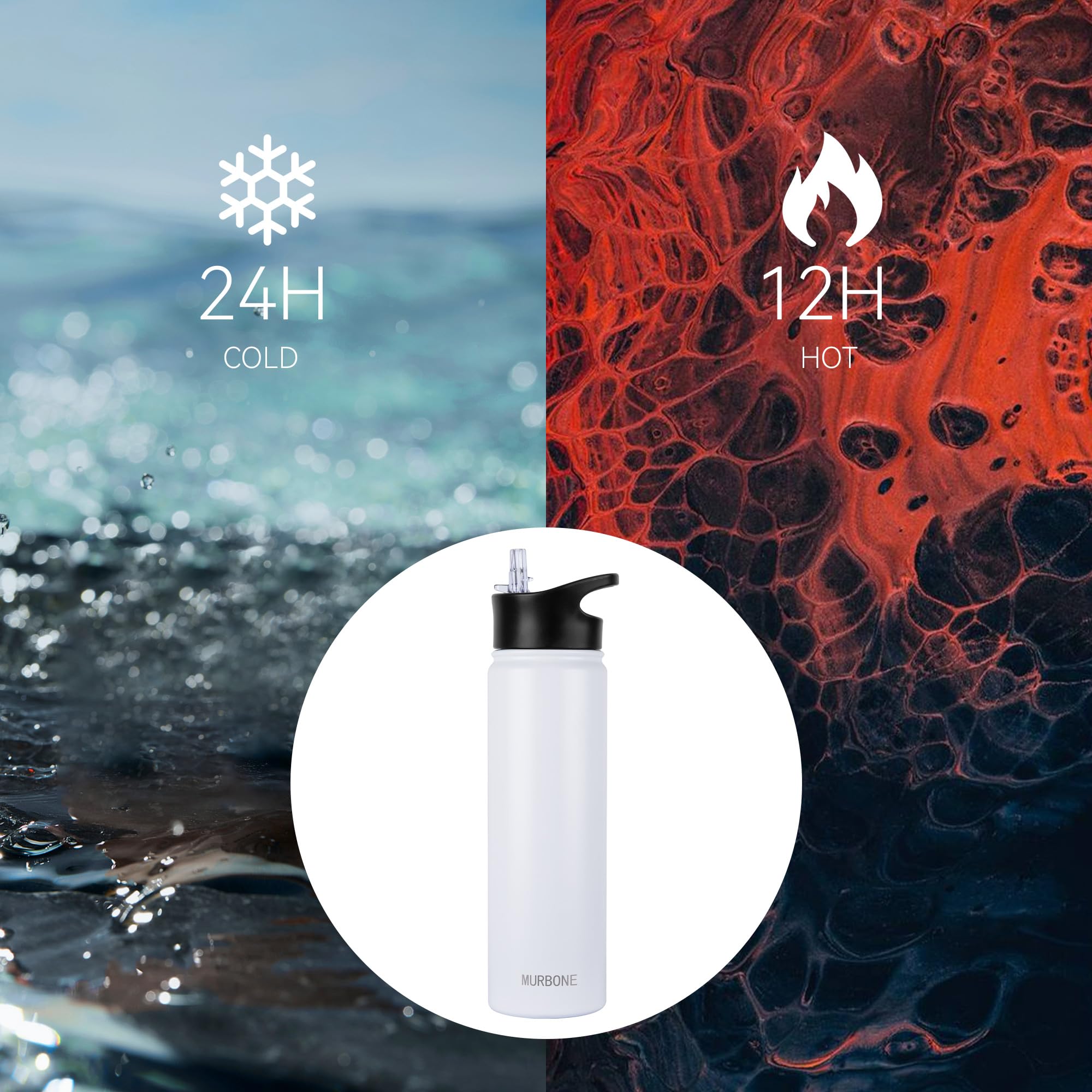 MURBONE Insulated Water Bottle, 750ml Stainless Steel Drink Flask with Straw, BPA Free, 2 Lids (Straw Lid and Spout Lid) - Image 2