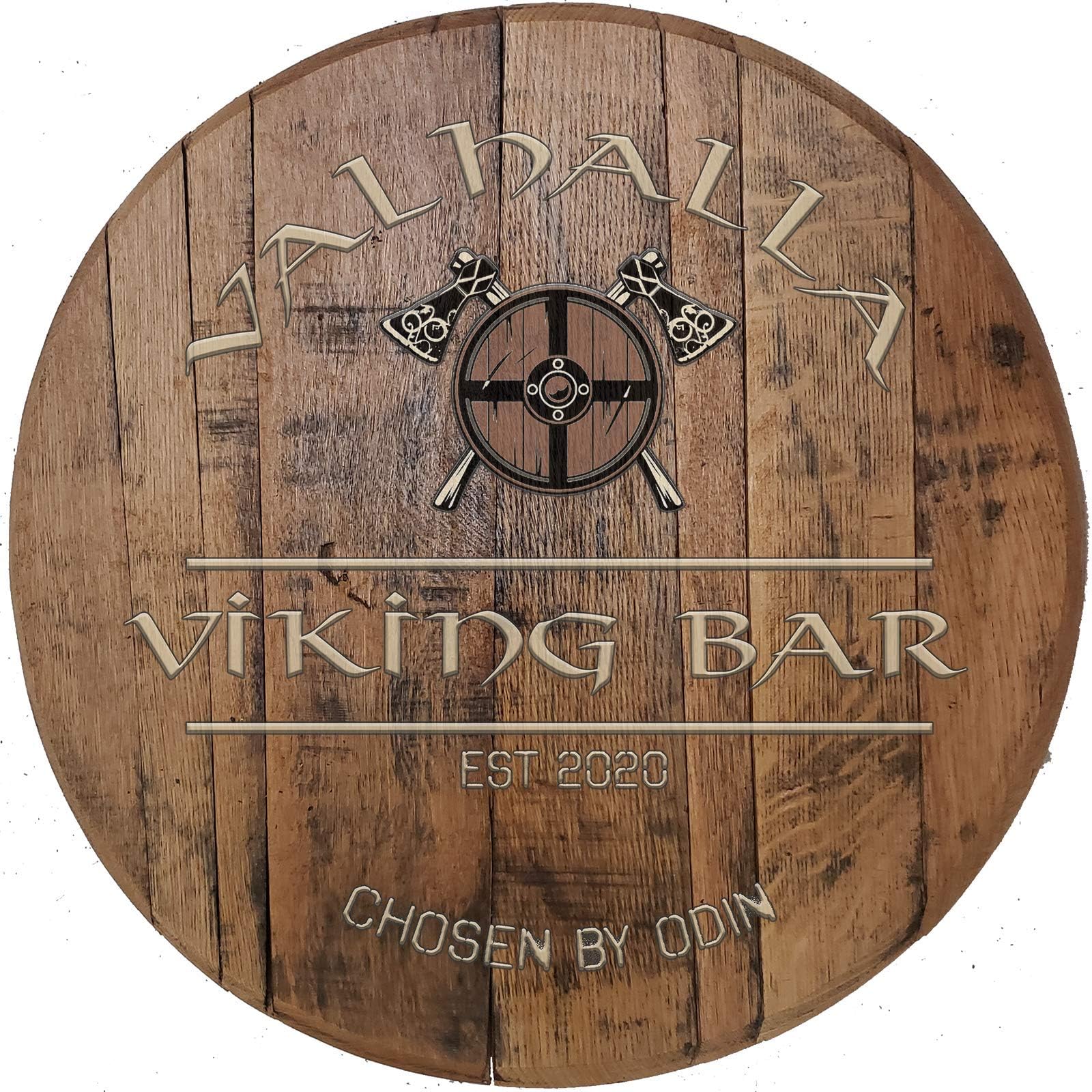 Valhalla Shield Ax Throwing Oak Barrel Bar Sign Personalized Custom Authentic Whiskey Barrel Wall Art