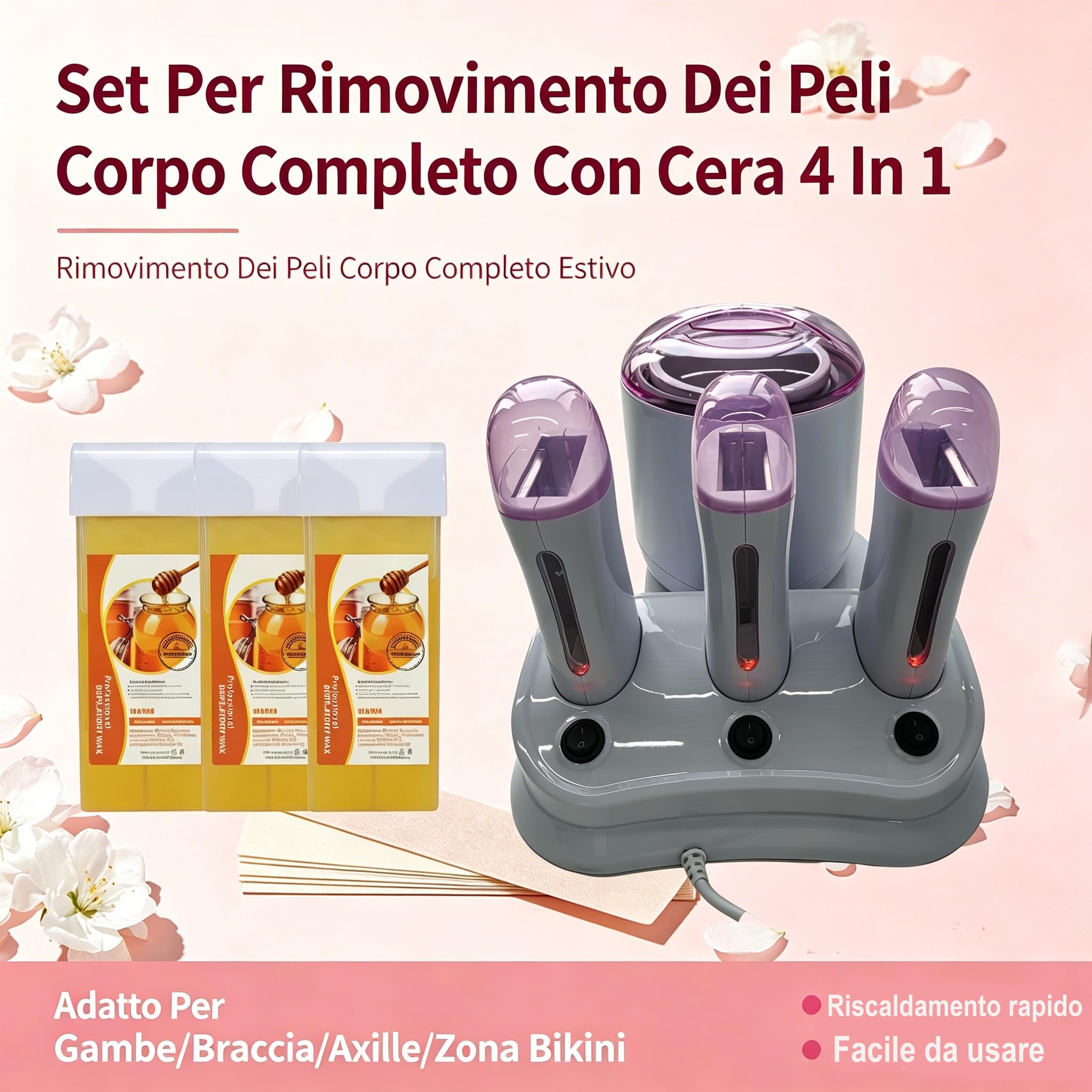 Scaldacera professionale 4 in 1, Scalda Cera per Ceretta 800 ml + 3 Ceretta Rullo 100 g con interruttori indipendenti, Kit Ceretta adatto alla depilazione completa del corpo (Rosa)