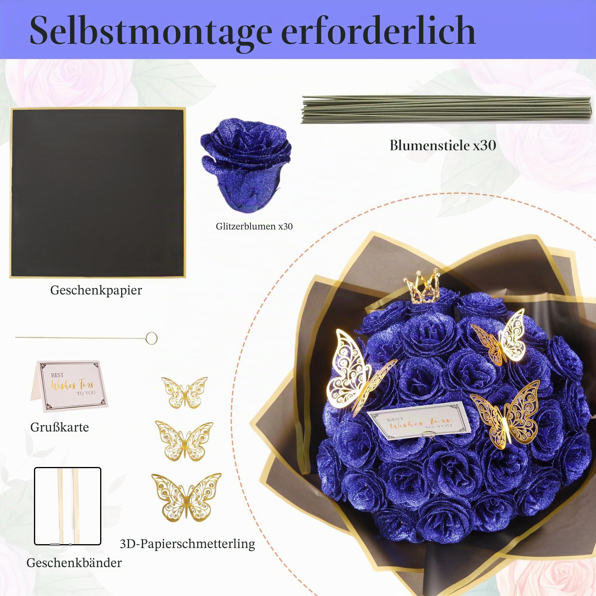 Roya Blauer Glitzer-Rosenstrauß, 30 Stück DIY Gefälschte Blumen Blumenstrauß, Immerwährender Glänzender Künstlicher Rosenstrauß für Valentinstag, Jahrestag, Verlobung, Hochzeit