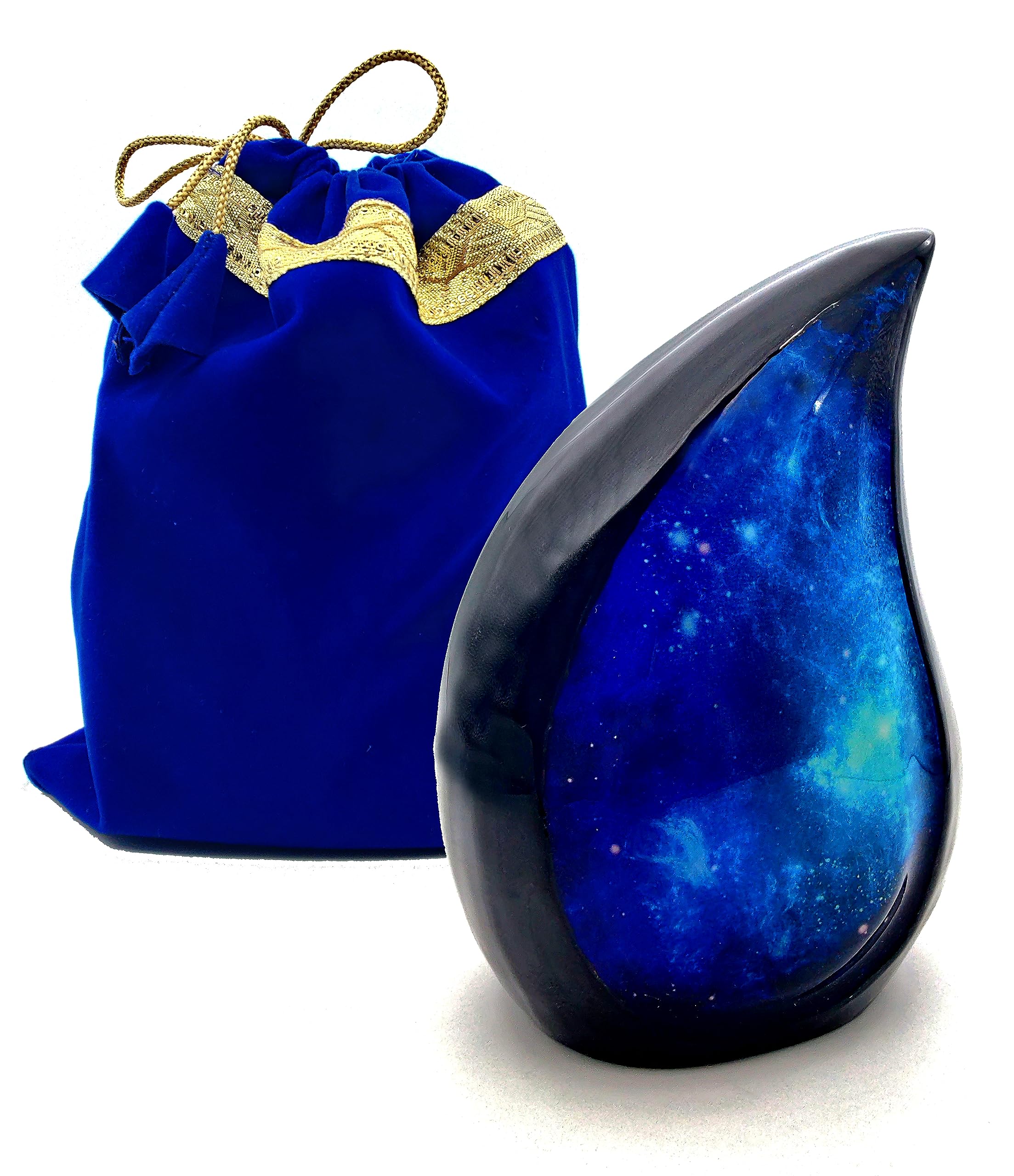 5MOONSUN5's Galaxy Teardrop Urns for Human Ashes, Funeral Cremation Urn with Velvet Bag, Keepsake Urn for Adults, for Your Loved Ones Blue Star Sky