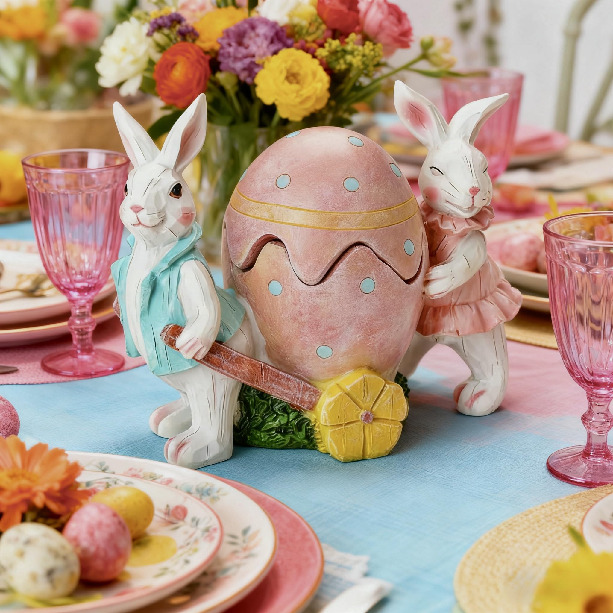 Gleemoria Easter Decorations for Home-5.5'' Bunny Figurines & Egg with Tealight for Spring Home Decor, Resin Rabbit Vintage Bunnies Spring Decorations