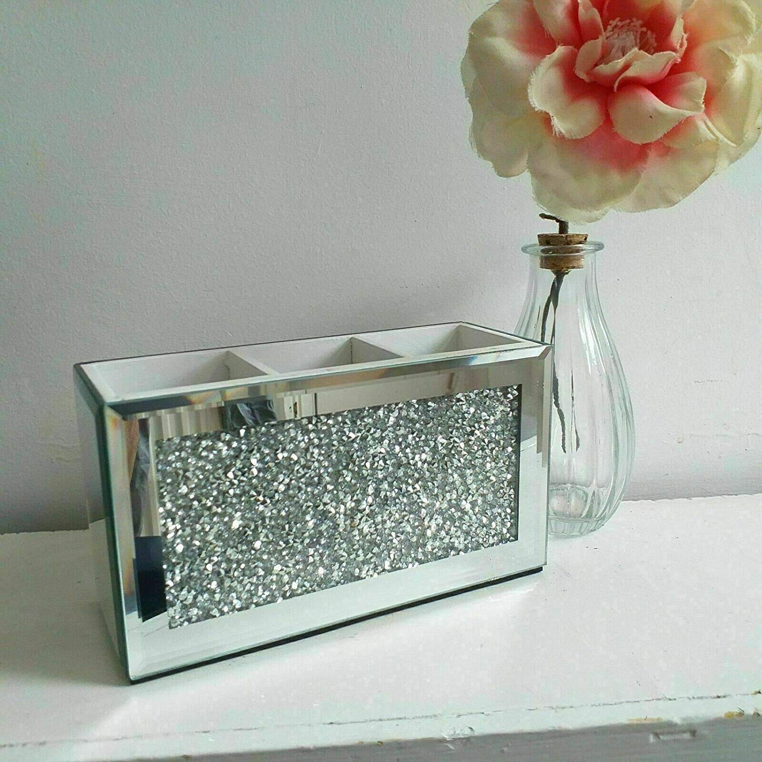 Biznest White Makeup Brush Holder Organiser Crushed Diamond Jewel Mirror Beauty Box 3 Compartments Make Up Brushes Holder
