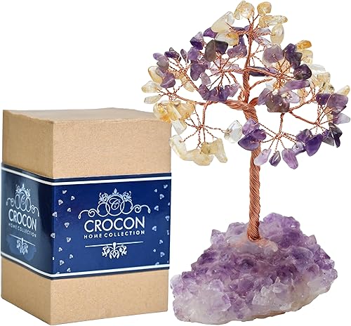 Árbol de la vida con piedras preciosas de amatista, citrina, base amatista natural, alambre de cobre bonsái de energía positiva, feng shui, dinero,