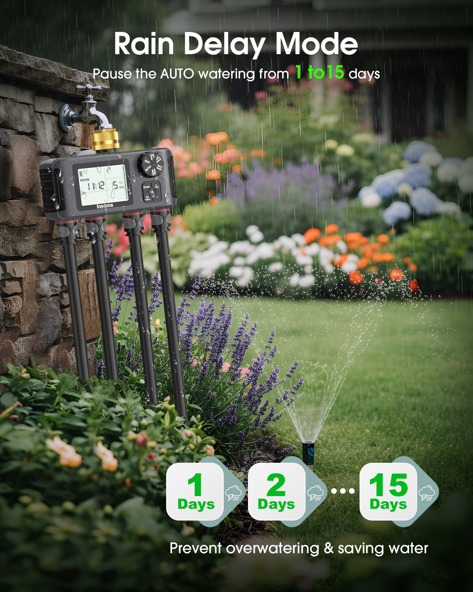 Insoma Temporizador de agua WiFi para manguera de jardín, temporizador de aspersor inteligente, temporizador de manguera WiFi con control remoto por aplicación, control de voz con Alexa, retardo de