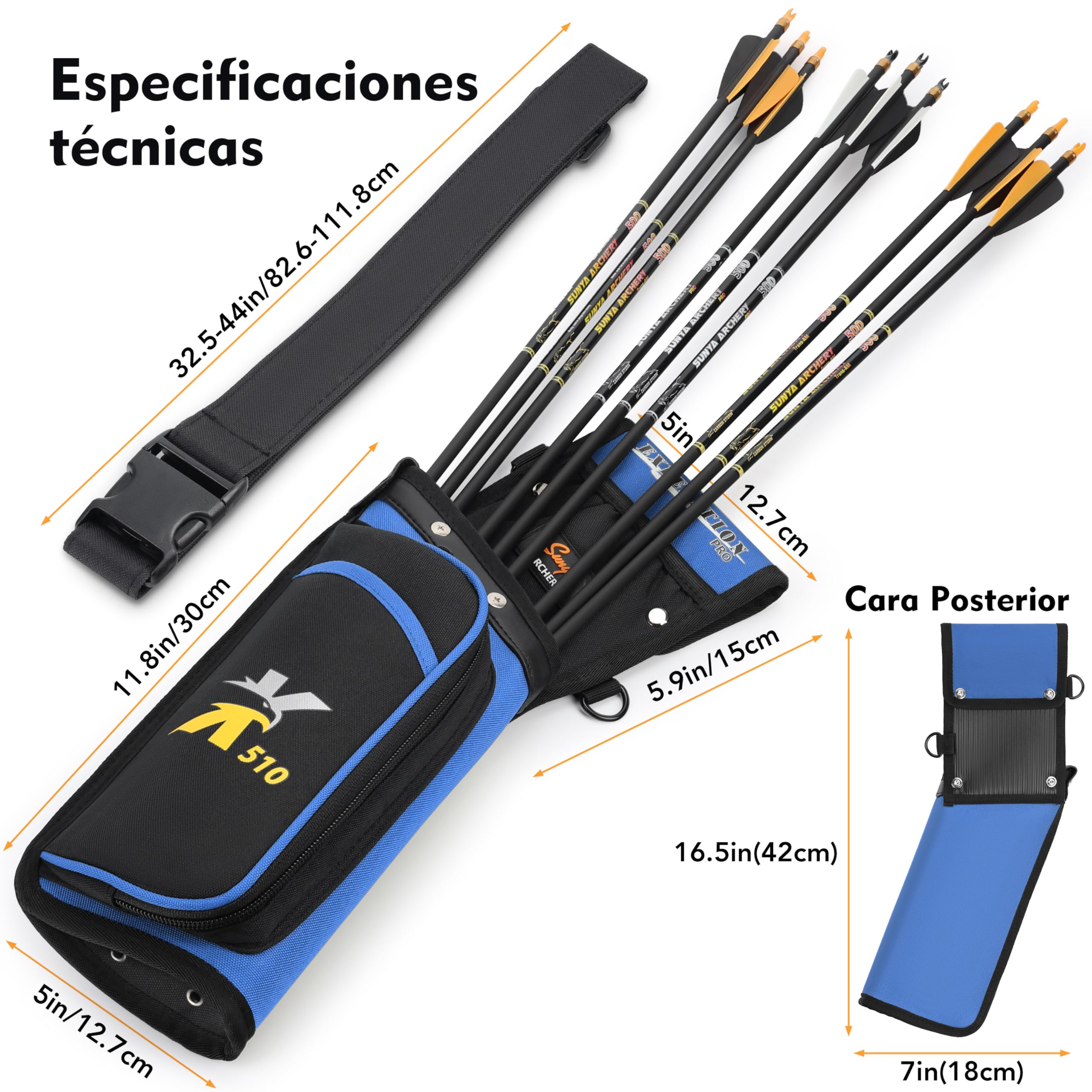 Sunya X510 Carcaj de Cadera para Campo y Competición | Carcaj de arquería silencioso de 3 Ranuras con Sistema de Almacenamiento Resistente (42x18cm)
