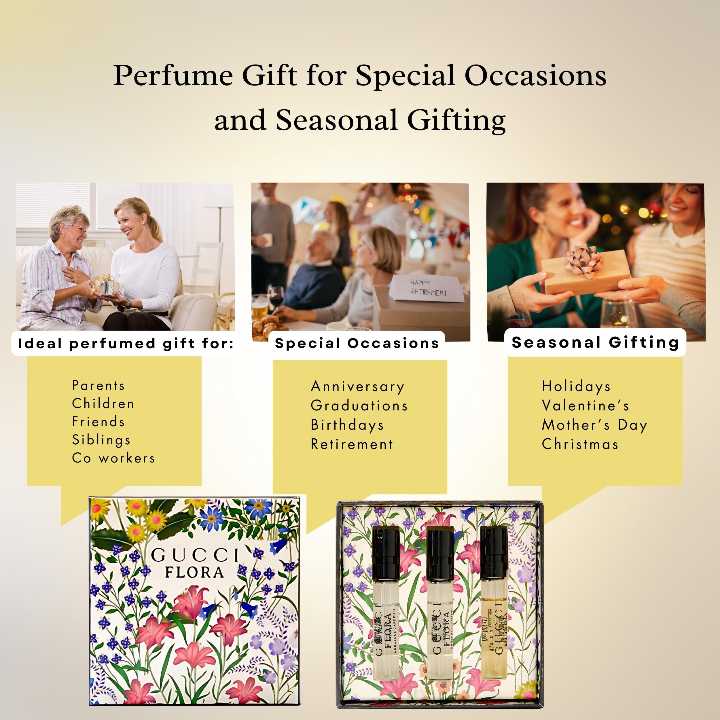 Gucci Flora Perfume Gift Set for Women Mini Fragrance Travel Spray Gift Sampler, EDP Luxury Fragrance Vials (3 x 0.05 fl oz)