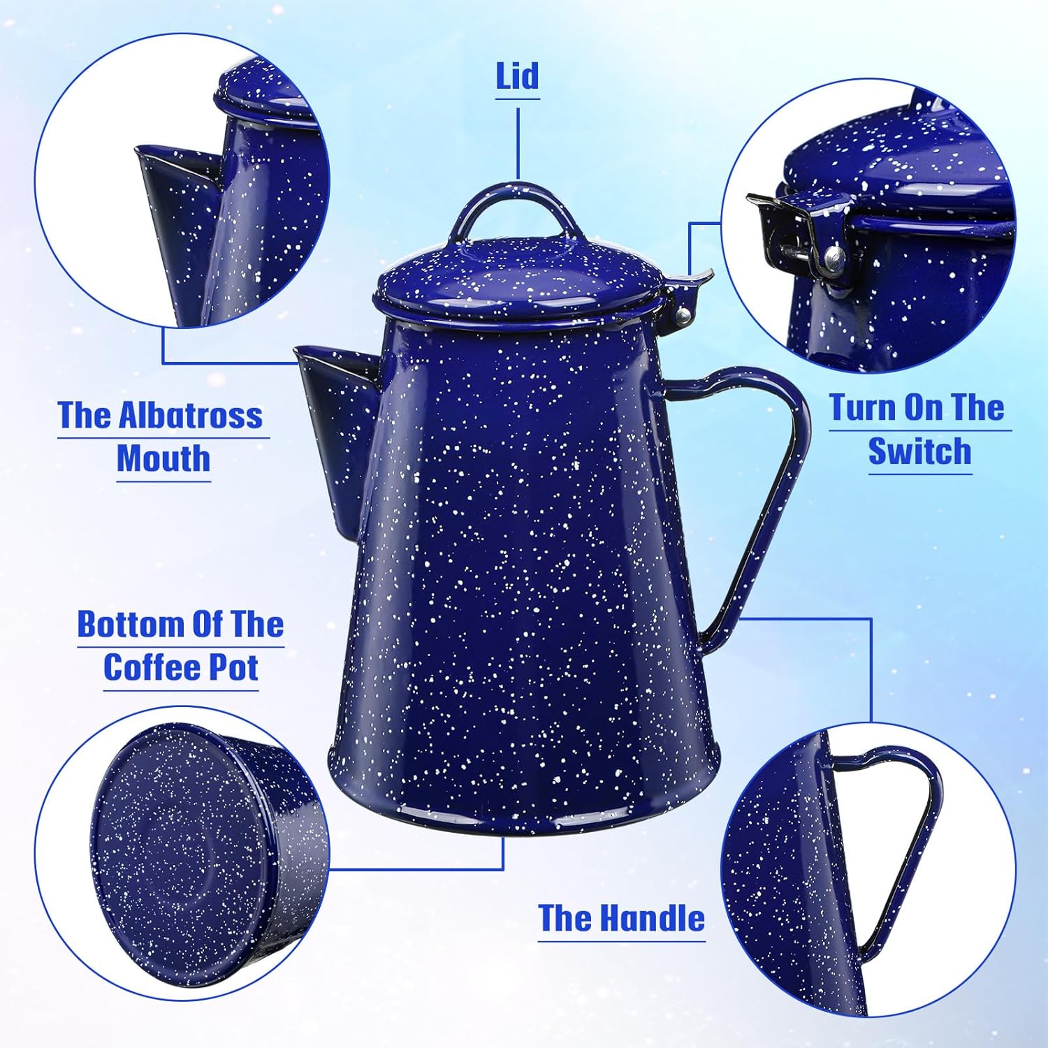 Dandat 60 oz Enamelware Campfire Coffee Boiler Kettle Pot with 6 Pcs 12 oz Enamel Coffee Mug Cowboy Cup for Outdoor Camping Cookware, Picnic, Cabin, RV, Kitchen, Hunting, Backpacking, Blue