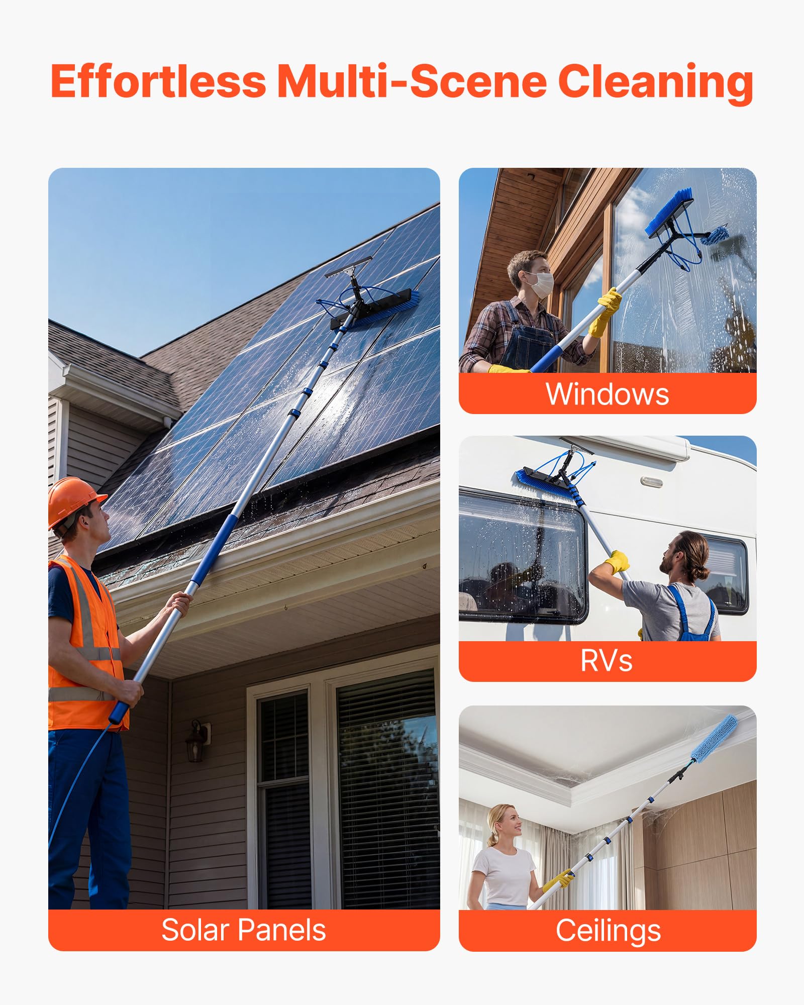 VEVOR Kit di Pulizia per Pannelli Fotovoltaici, 10 m, Spazzola 2 in 1 con Asta Telescopica in Alluminio per Lavaggio di Pannelli Solari, con Tergivetro, Dispenser di Sapone, Testa Ruotabile a 180°