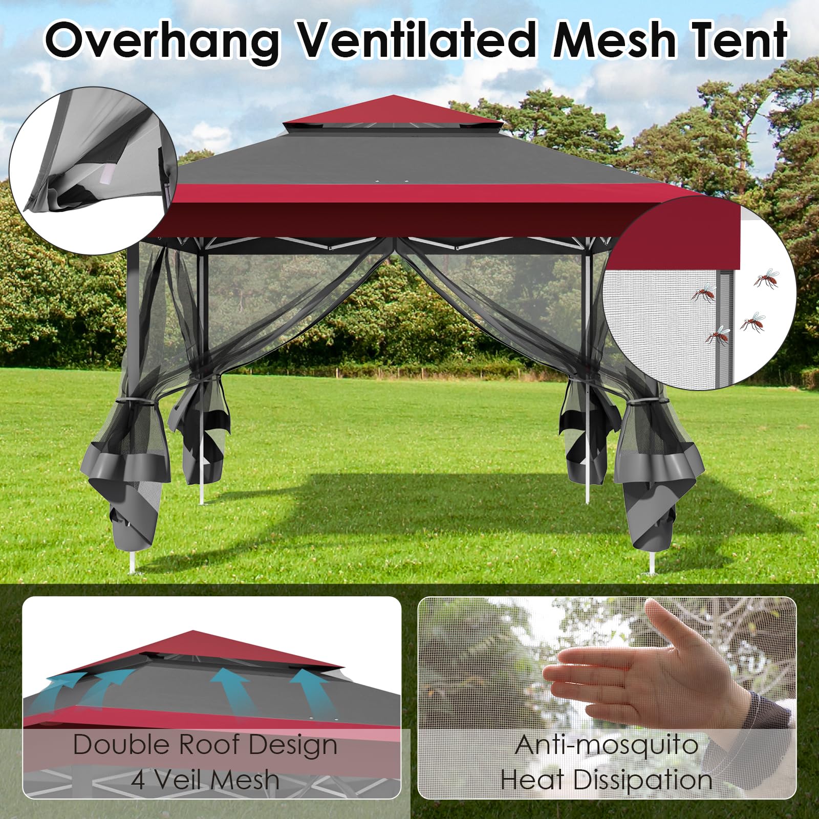 Gazebo pieghevole 3,3x3,3 m, con 4 pannelli laterali in zanzariera, One Push tenda con doppio tetto, Gazebo impermeabile da giardino 4 PCS sacchi di sabbia, per mercato/campeggio, Rosso Grigio