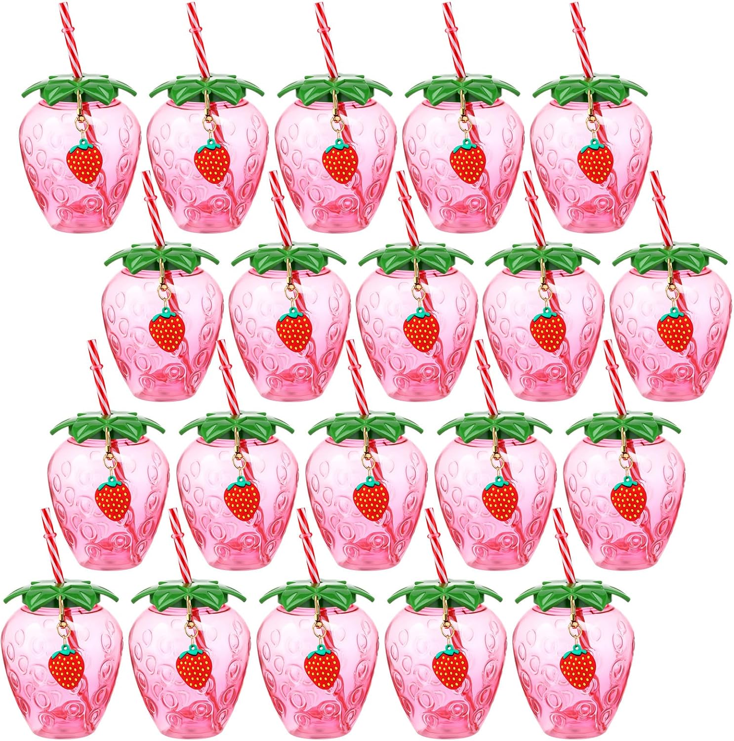 LemonRoad 20 Pcs 17 oz Strawberry Shaped Cups with Lids and Straws Reusable Cute Drinking Cups Strawberry Water Bottles for Hawaiian Summer Party