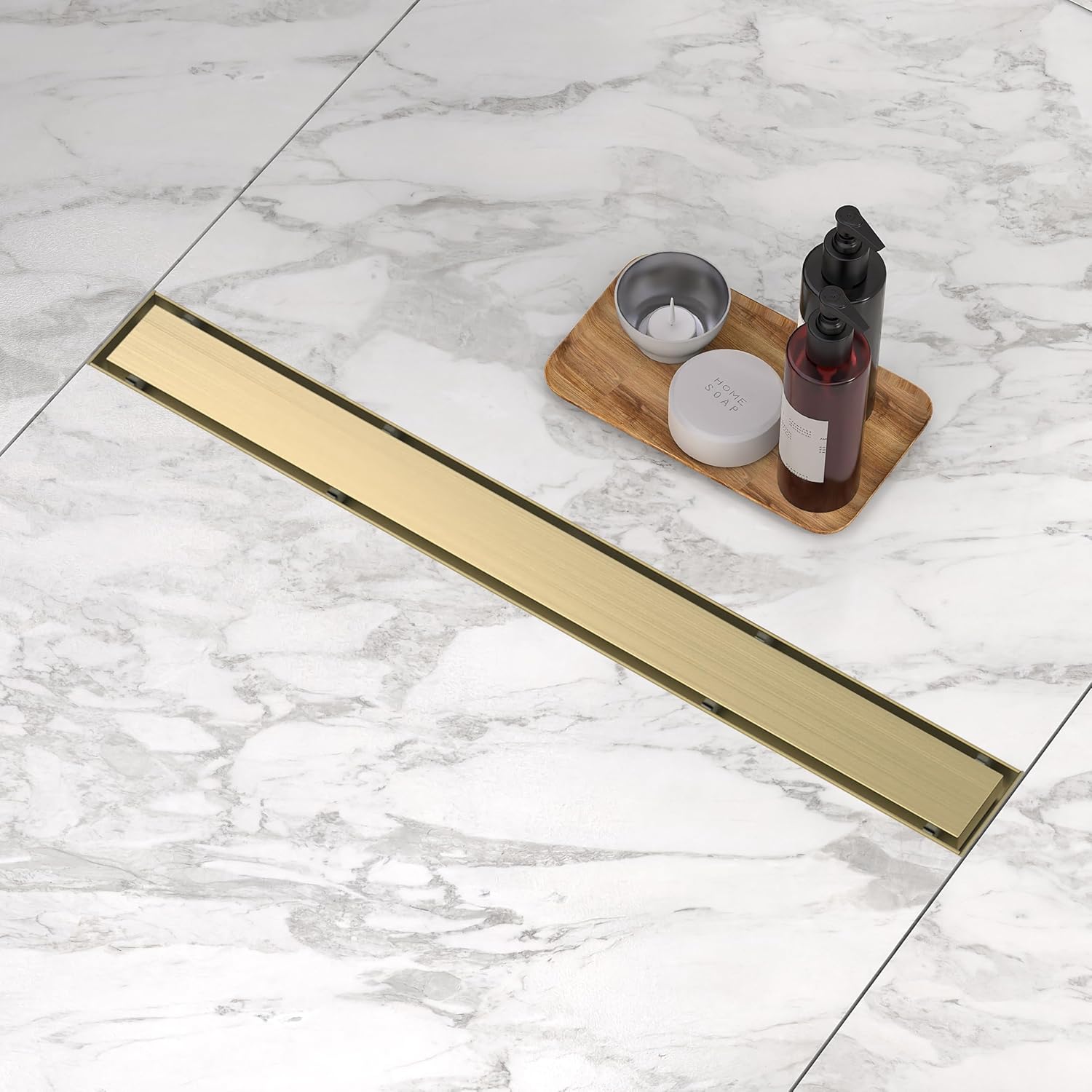 Linear Shower Drain. 24 Inch Shower Trench Drain with 2-in-1 Flat Cover & Inser Cover,304 Stainless Rectangle Steel Shower Floor Drain with Hair Strainer and Leveling Feet(Gold, 24 in) Gold 24 in