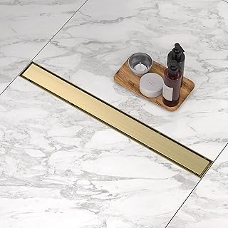 Linear Shower Drain. 24 Inch Shower Trench Drain with 2-in-1 Flat Cover & Inser Cover,304 Stainless Rectangle Steel Shower Floor Drain with Hair Strainer and Leveling Feet(Gold, 24 in)