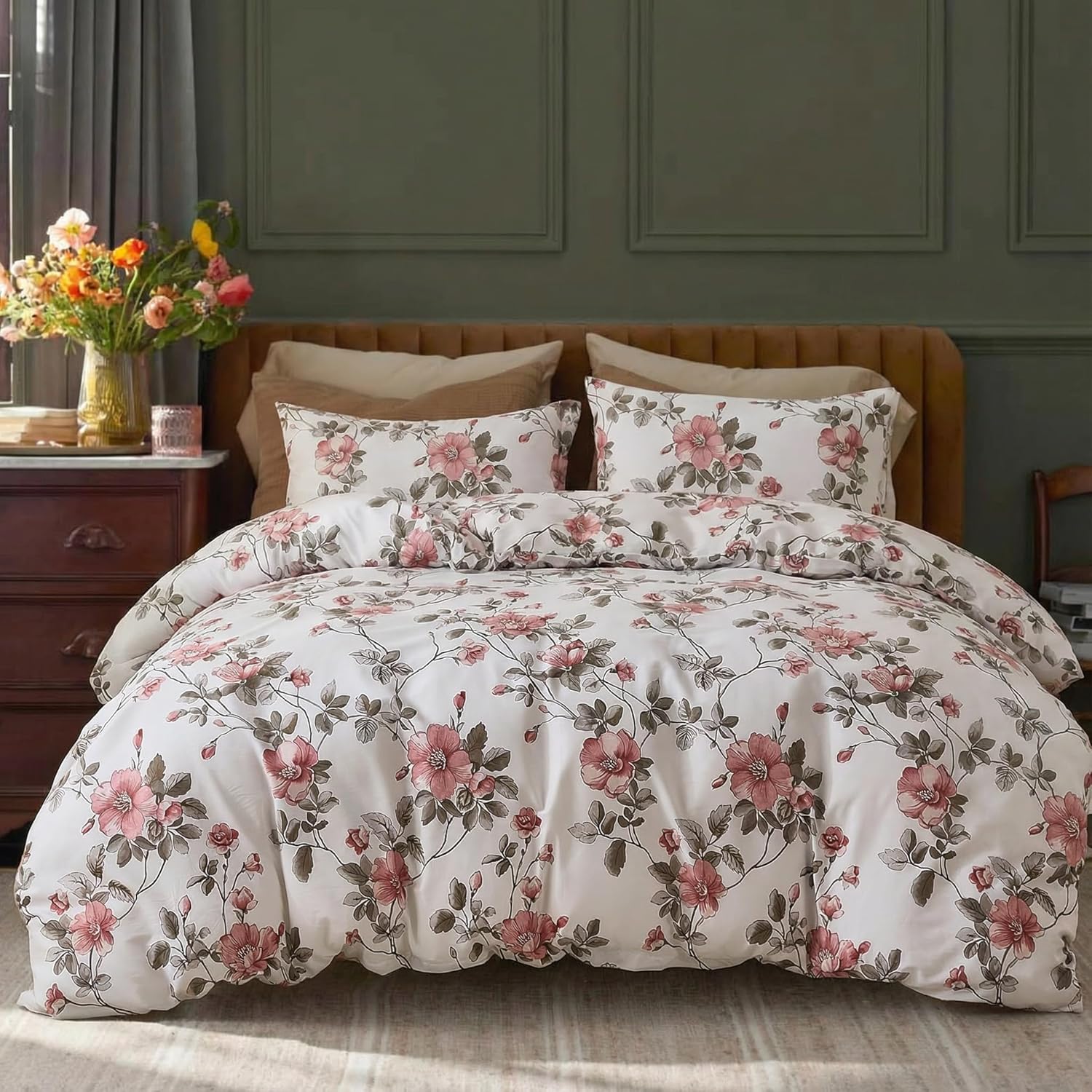 Bedding_Dreamer Floral Comforter Set 100% Cotton Comforter Sets King 3pcs Vintage Boho Cottagecore Floral Bedding Ultra Fluffy Soft Reversible Lightweight All Seasons