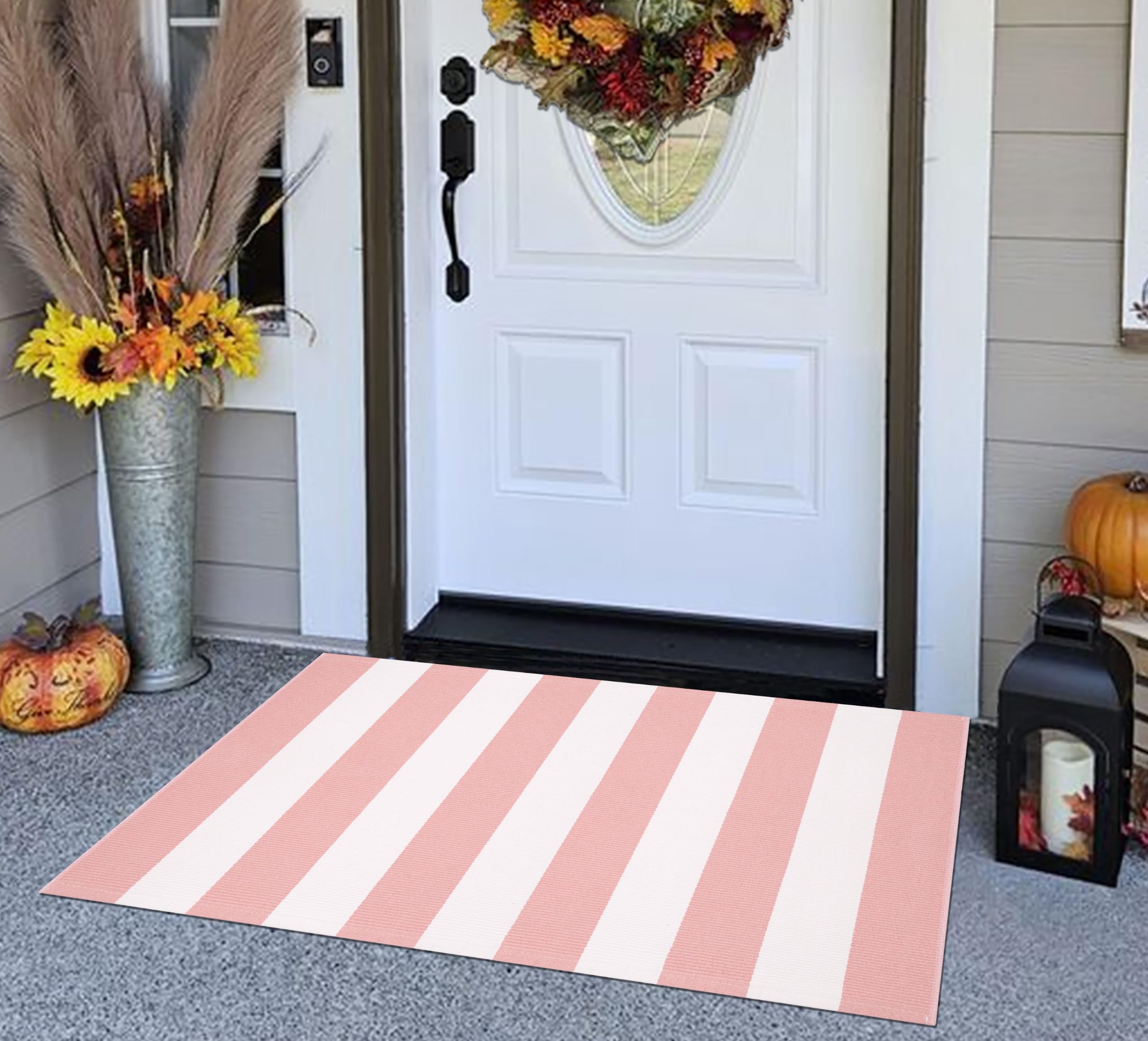 Tapis d'entrée extérieur Lavable à Rayures Roses et Blanches superposées 27