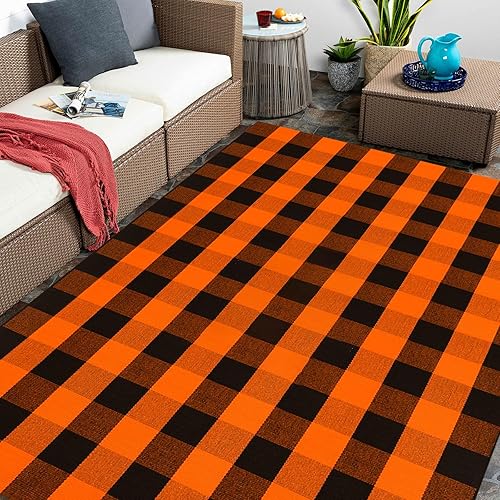 Miniatura 140 de CAINANEL Buffalo - Alfombra de algodón a cuadros de 5 x 7 pies, tejida a mano para interiores y exteriores, alfombra de área para puerta de Tela