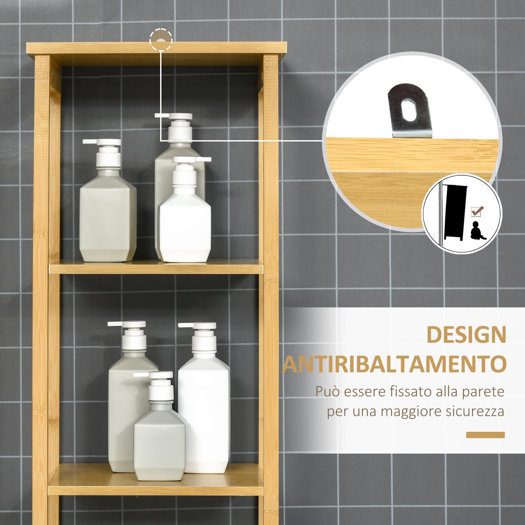 kleankin Mobile Bagno con 3 Ripiani e 1 Credenza, Colonna Bagno Salvaspazio Design a Doghe in Bambù, 34x30x173cm, Color Naturale