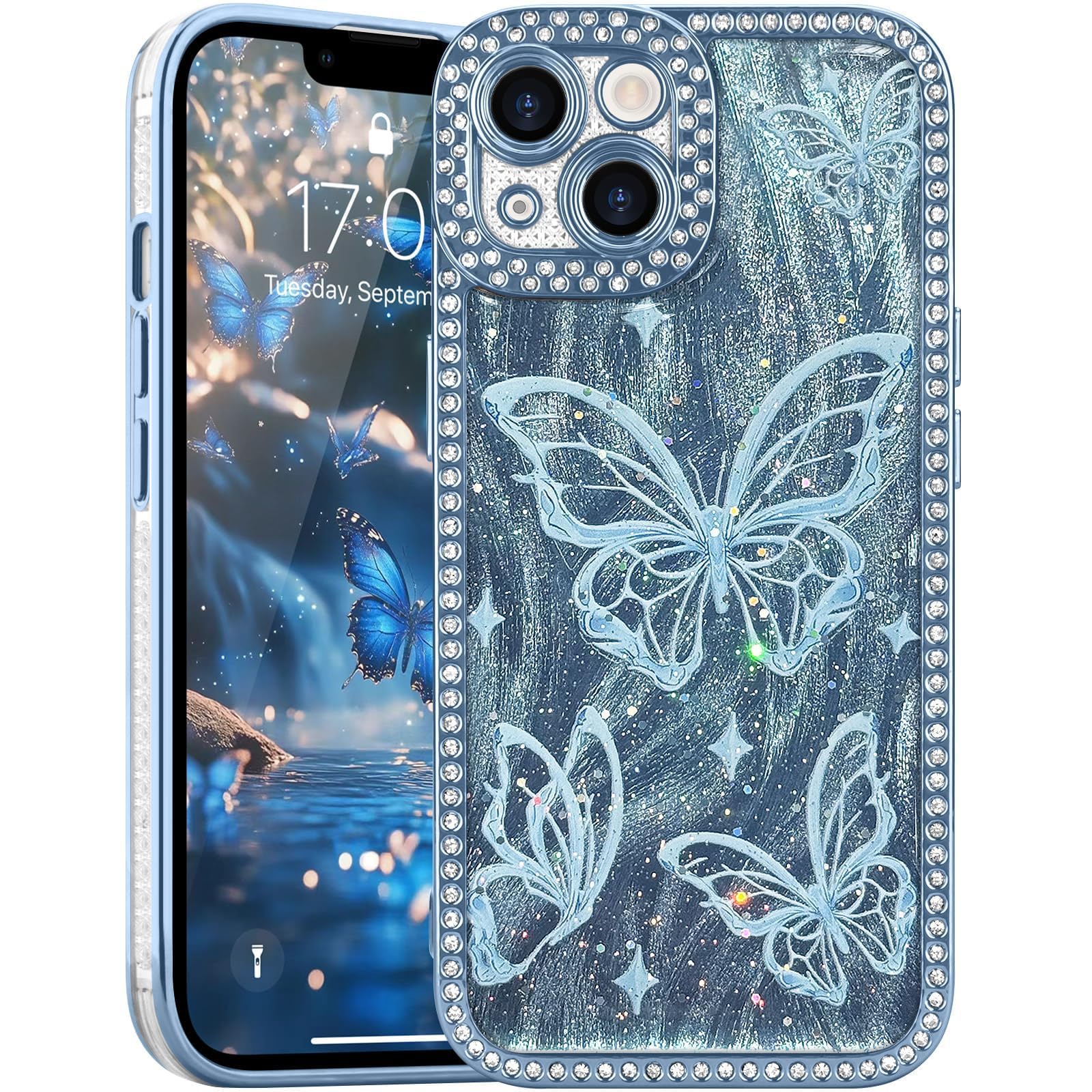 L-FADNUT for iPhone 13 Bling Butterfly Case, Cute Luxury Sparkle Glitter Diamond Crystal Rhinestone Protective Case Cover for Girls Women Kids