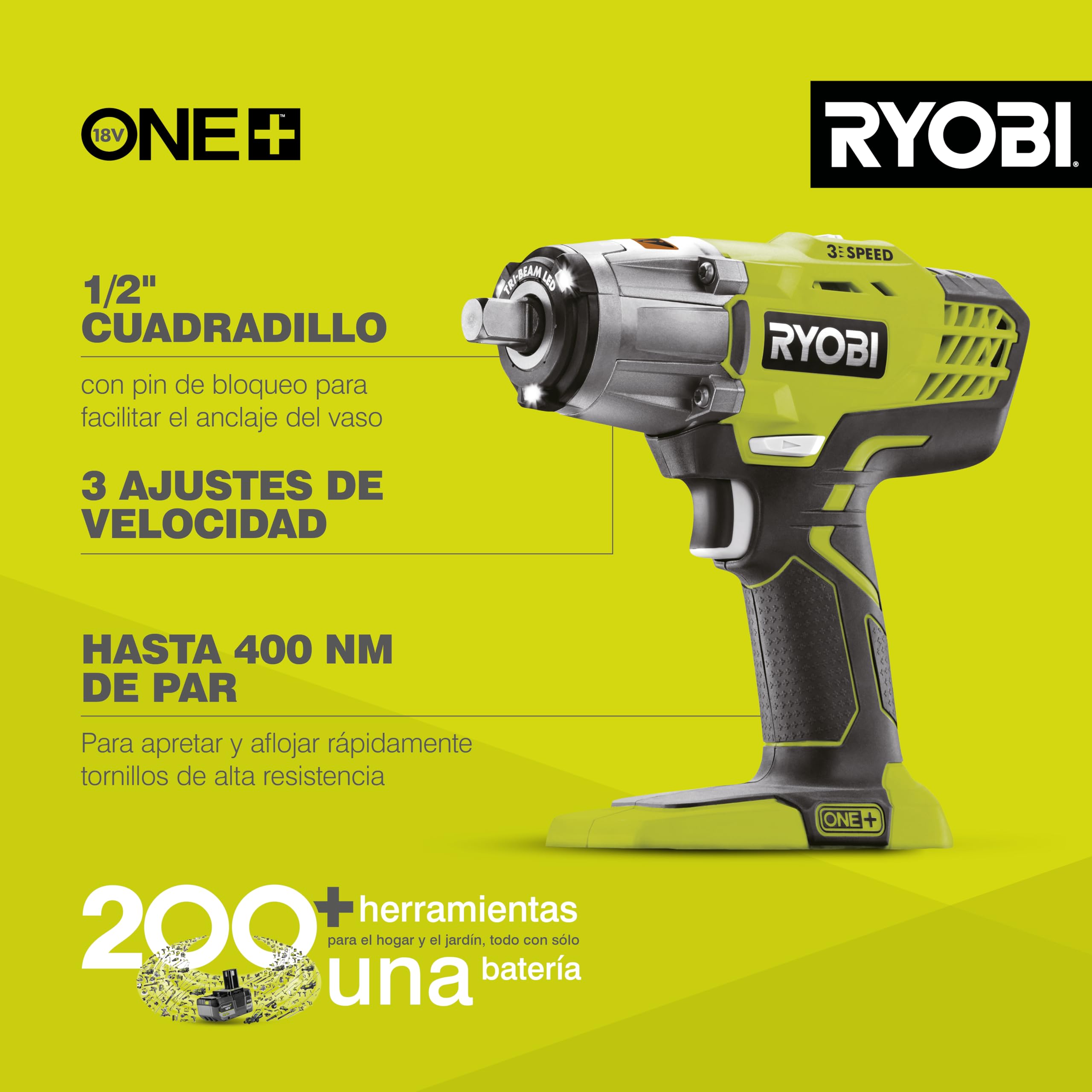 Ryobi - Llave de Impacto Eléctrica Sin Cable 18V ONE+ 400Nm - 3 Velocidades y 3 Pares de Apriete - Accesorio de Fijación Cuadrado 1/2" y Adaptador Hexagonal 1/4" - Inversor de Rotación - R18IW3-0