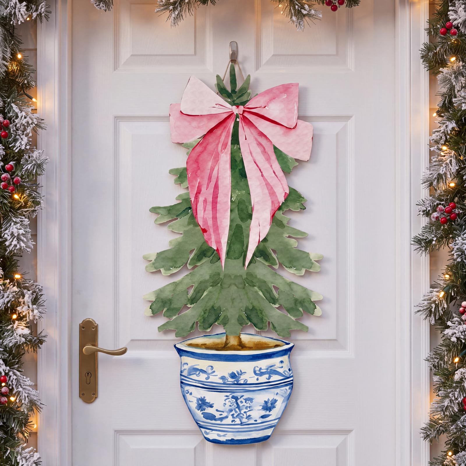RattanView Large Rustic Chinoiserie Christmas Tree Door Hanger Pink Bow