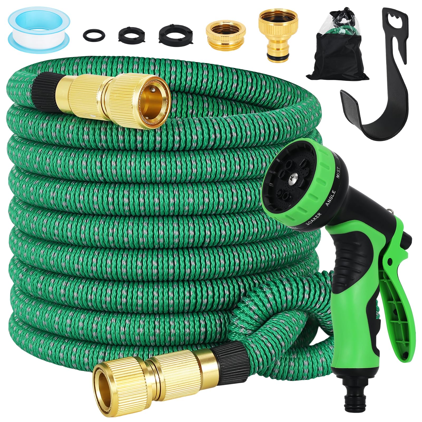 Expandable Garden Hose with 10-Pattern Spray Nozzle | 3-Layer Latex Flexible Water Hose Heavy Duty | 3/4" & 1/2" Solid Brass Connectors Leak-Proof | No-Kink Lightweight Retractable Hose (75FT/23M)