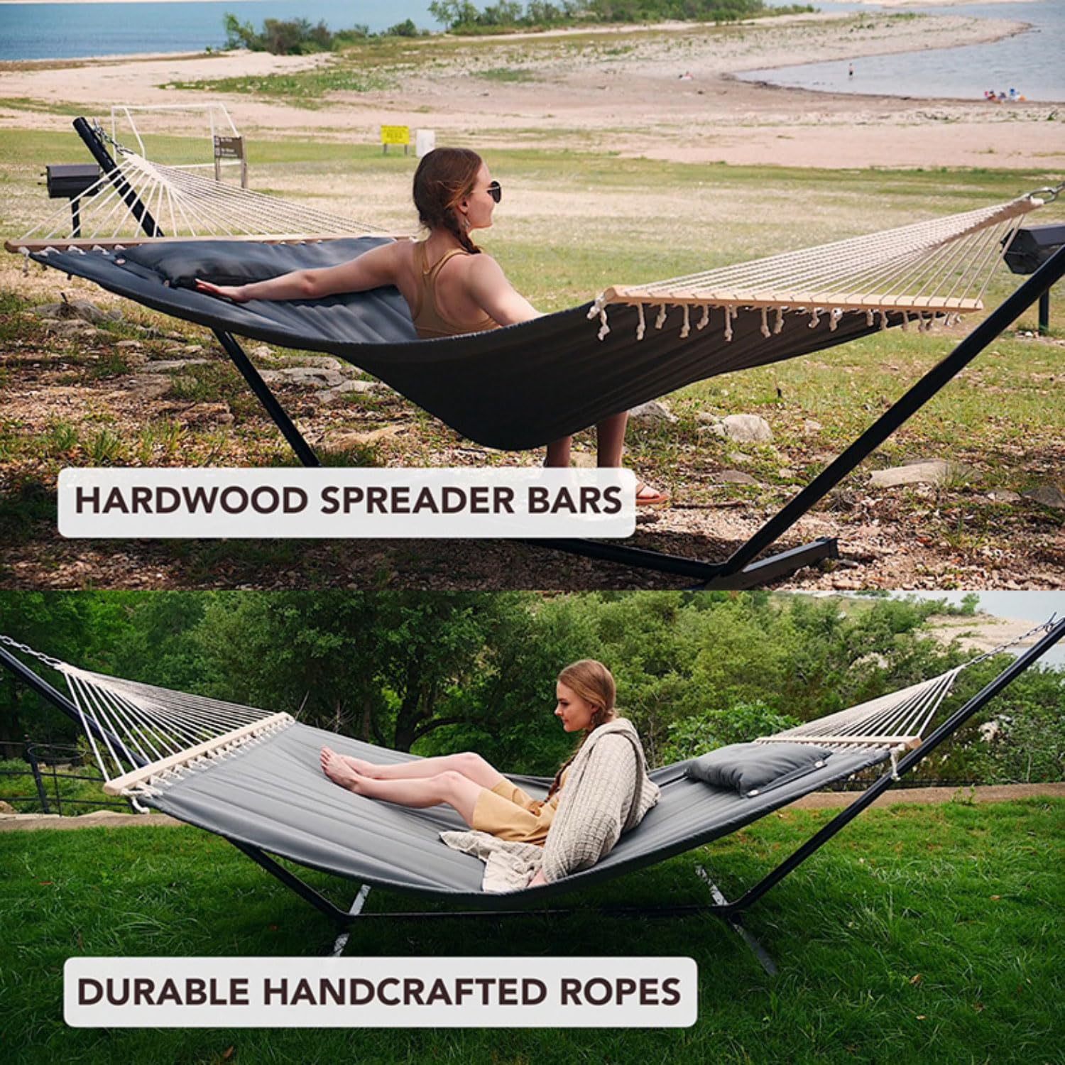 Hamac double avec support – Hamac portable robuste pour une utilisation en extérieur et intérieur, capacité de 250 kg, corde en coton avec rembourrage matelassé et barres d'épandage en bois dur