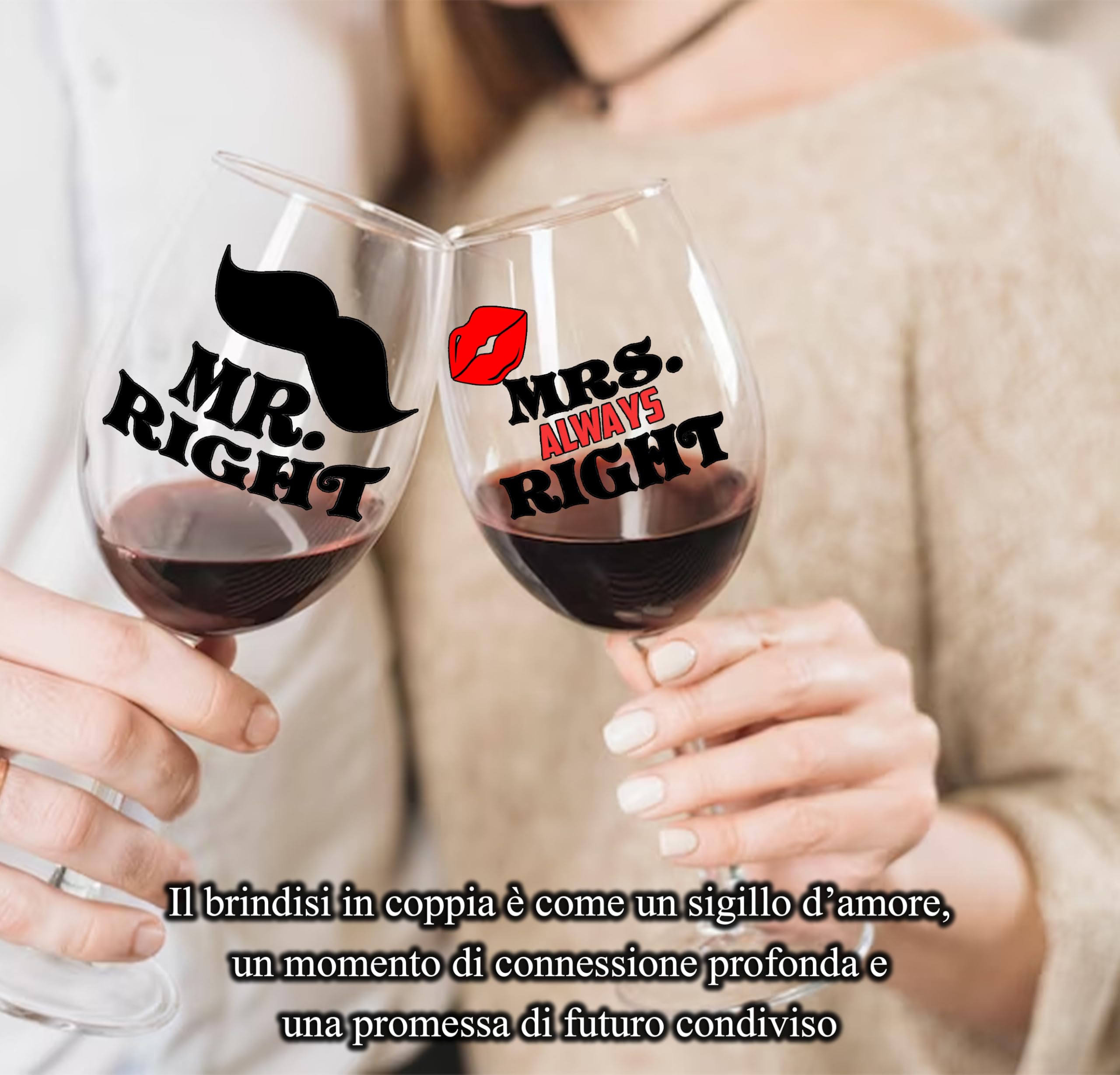 Calici Vino Personalizzati MR & MRS RIGHT – Calici Coordinati Per Brindare Insieme Con Ironia - Regalo Di Coppia Per San Valentino Con Bicchiere Piegato E Confezione Regalo Inclusa