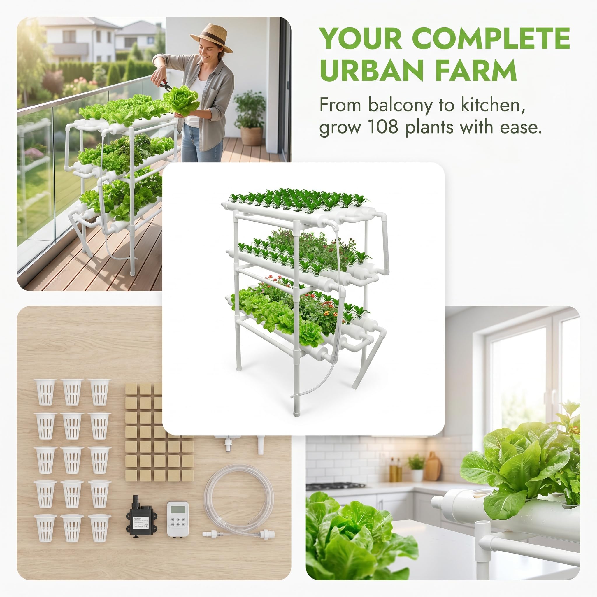 Système de culture hydroponique à 108 trous, kit de culture d'eau Nft vertical à 3 niveaux avec pompe, minuterie et accessoires complets, pour jardinage d'intérieur de légumes et d'herbes aromatiques