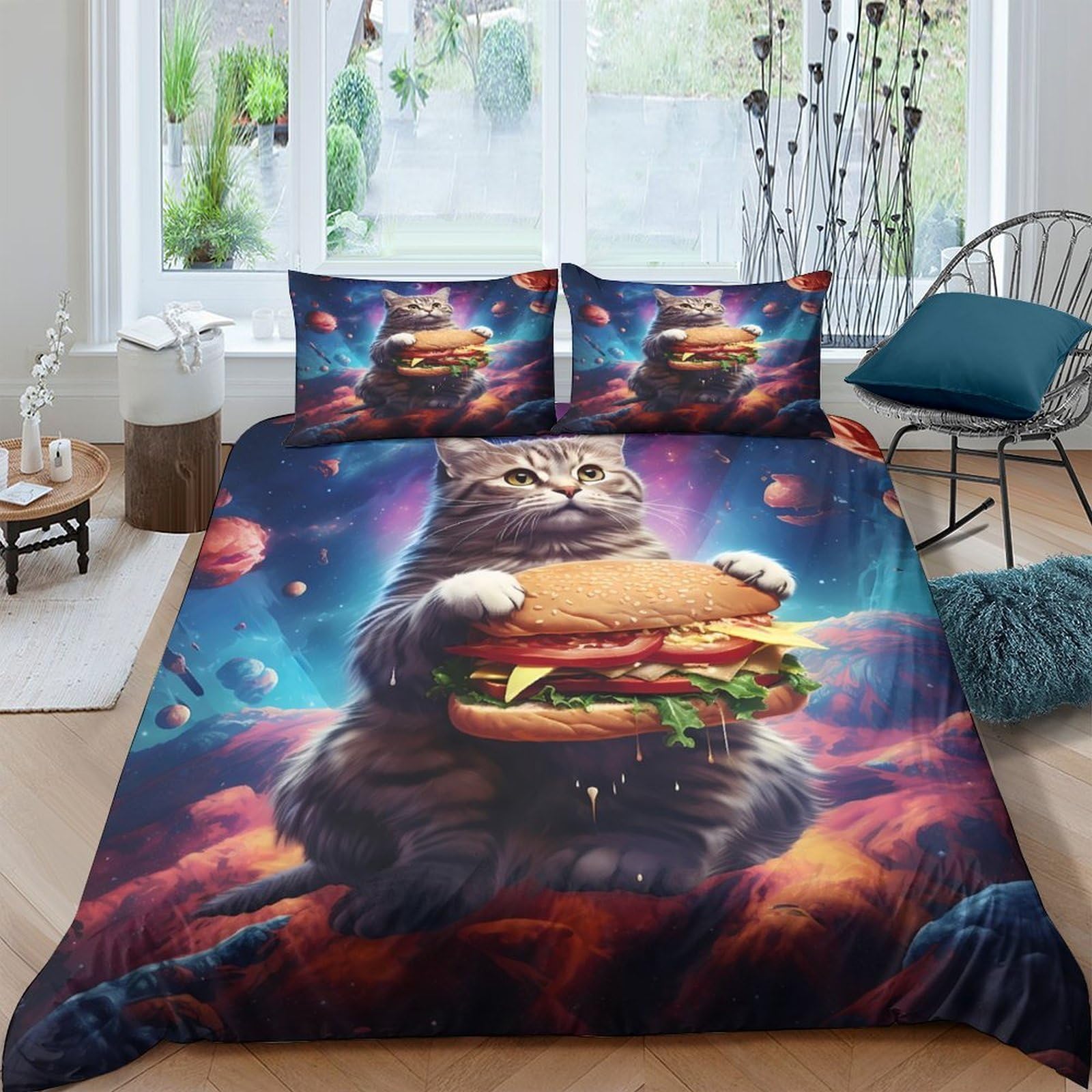 Ctjqhvkz Style-7 3D Printed Space Cat Fitted Sheet Microfiber Soft Breathable Burger Galaxy Bed Cover For Bedroom Dorm Decor Single（135X200cm）