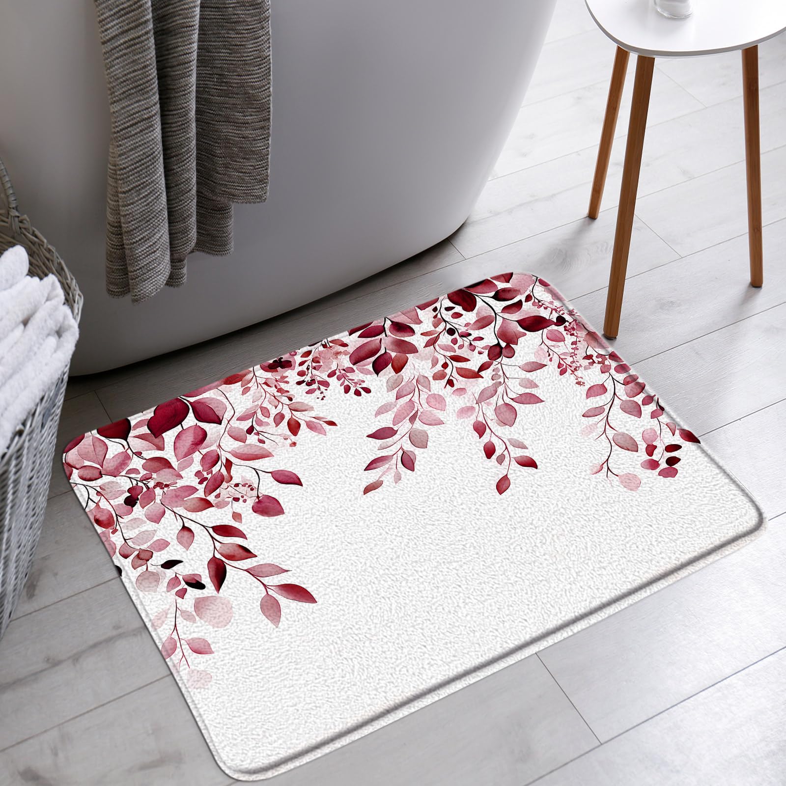 AMFD Burgundy Red Leaves Bath Mat Watercolor Eucalyptus Leaf Floral Nature Cute Plant Botanical Rustic Farmhouse Bathroom Bathtub Floor Rugs Doormat