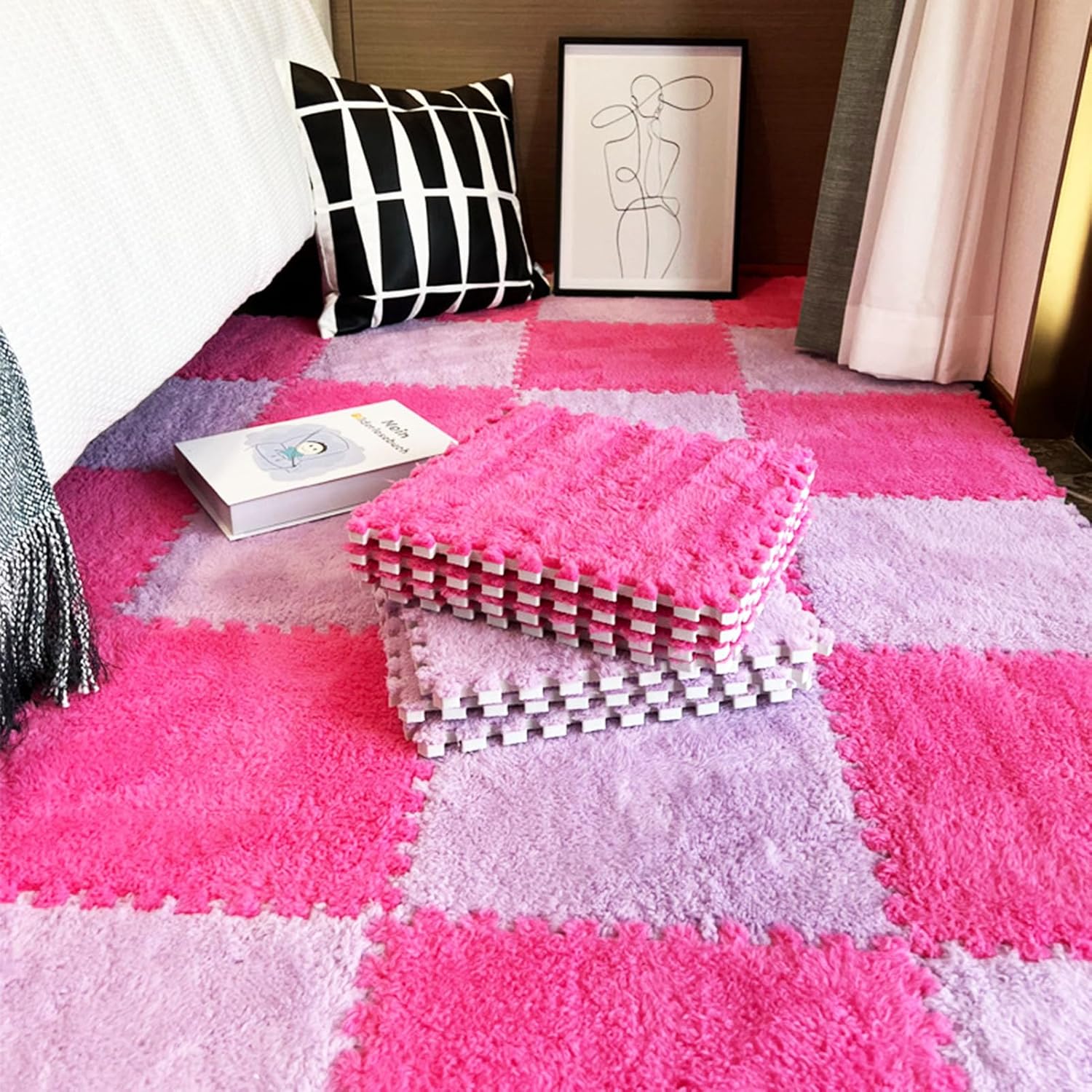 Fluffy Jigsaw Puzzle Rug - 60 Pcs Soft Anti-Slip Interlocking Carpet Tiles, 12 Inch, 0.23 & 0.39 Inch Thick, Plush Foam Floor Mat in Apricot & Coffee Colors