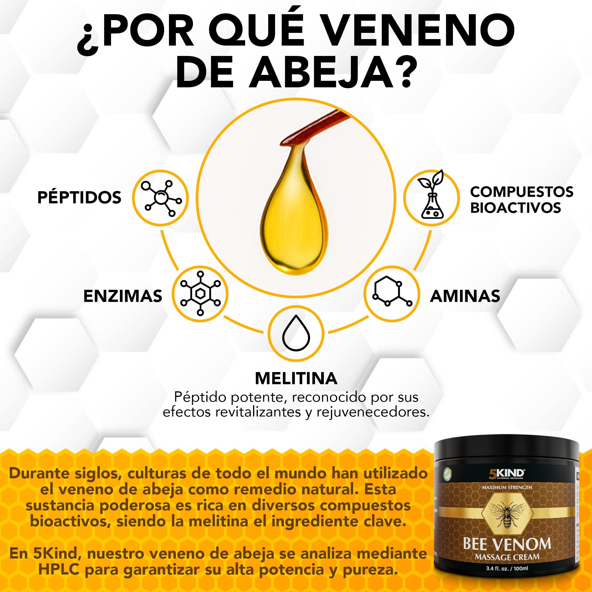 5Kind Veneno de Abeja Crema Maximum Strength 100ml - Crema Veneno de Abeja - Masaje Natural para Músculos, Zona Lumbar, Rodillas, Cuello, Hombros & Pies - De Origen Responsable Bee Venom Cream