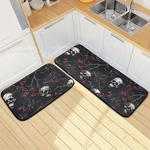 Miniatura 7 de Juego de 2 tapetes de cocina para piso, estampado de calavera de rosa oscura, antideslizantes, acolchados, absorbentes de agua, tapetes para puerta