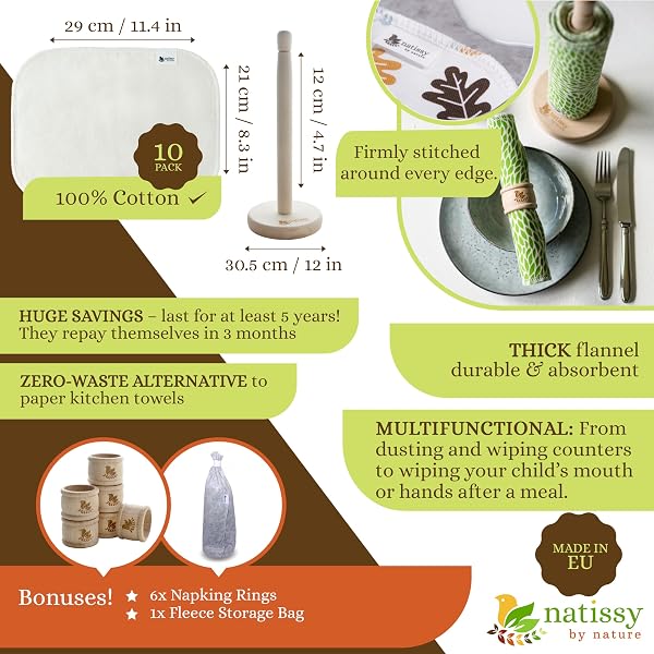 Rotolo da cucina riutilizzabile in cotone, 10 pezzi, lavabile con supporto in legno, prodotto in UE, carta da cucina riutilizzabile in tessuto; strofinacci da cucina; Reusable Kitchen Towels - 2