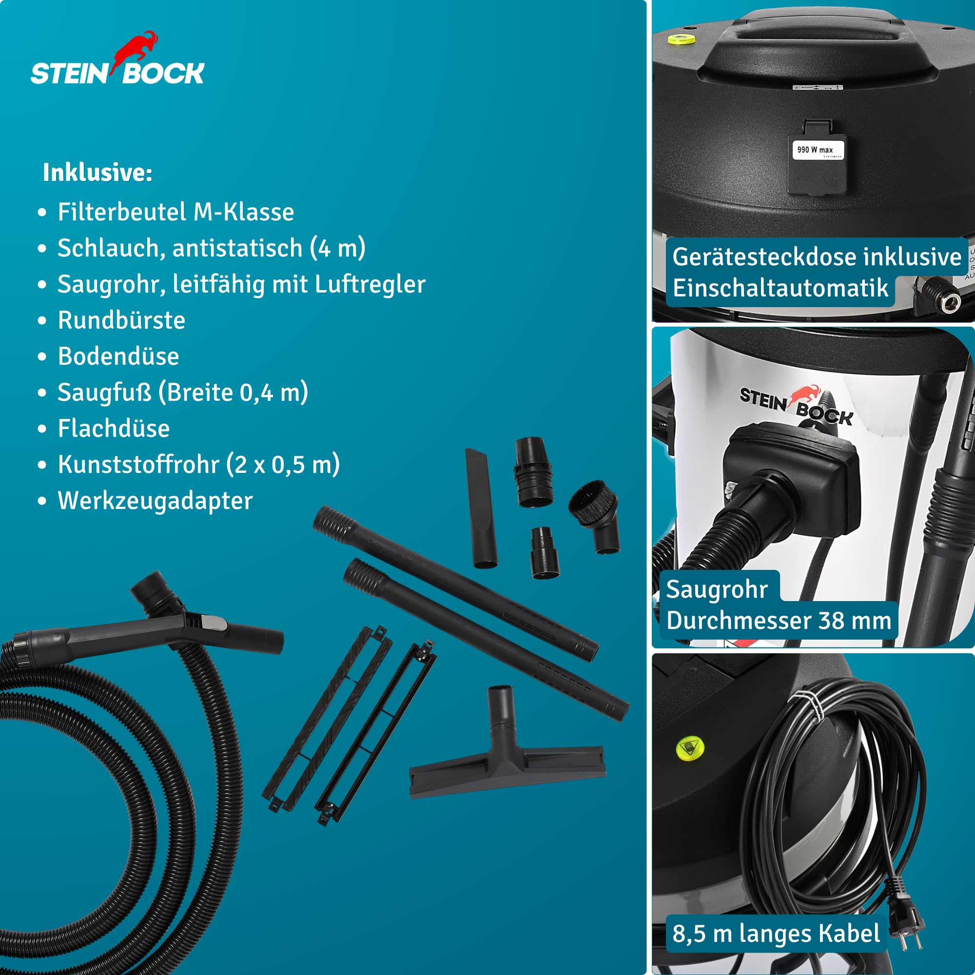 Steinbock Industriesauger trocken | 2.400 Watt | 62 l Fassungsvermögen