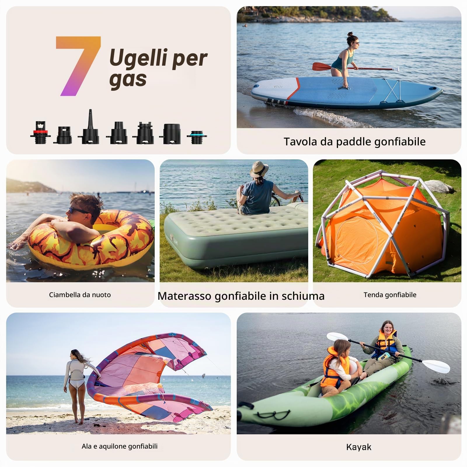 Pompa SUP elettrica, SUP ricaricabile 20 PSI, gonfiaggio rapido | 5 min a 12 PSI, 1,14 kg leggera, Batteria 38,48Wh, Gonfiaggio e sgonfiaggio doppio stadio, 7 ugelli, SUP, barche, kayak