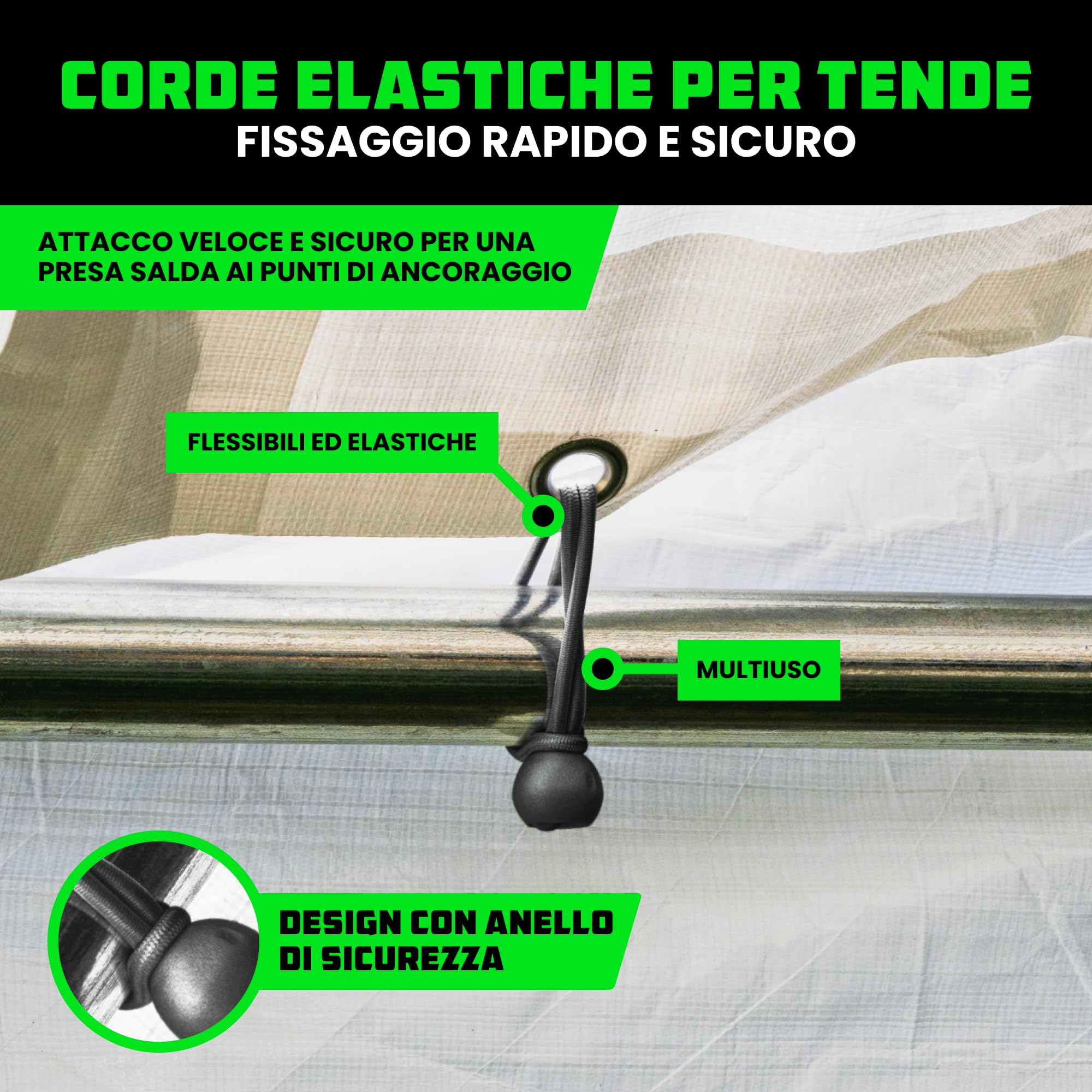 Rhino USA Corde Elastiche con Gancio (28 Pezzi) Elastico con Ganci Corte e Lunghe - 4 Clips per Telo Gratuito, Sacchetto con Corda Elastica con Gancio Legature per Tende - Resistenti ai Raggi UV