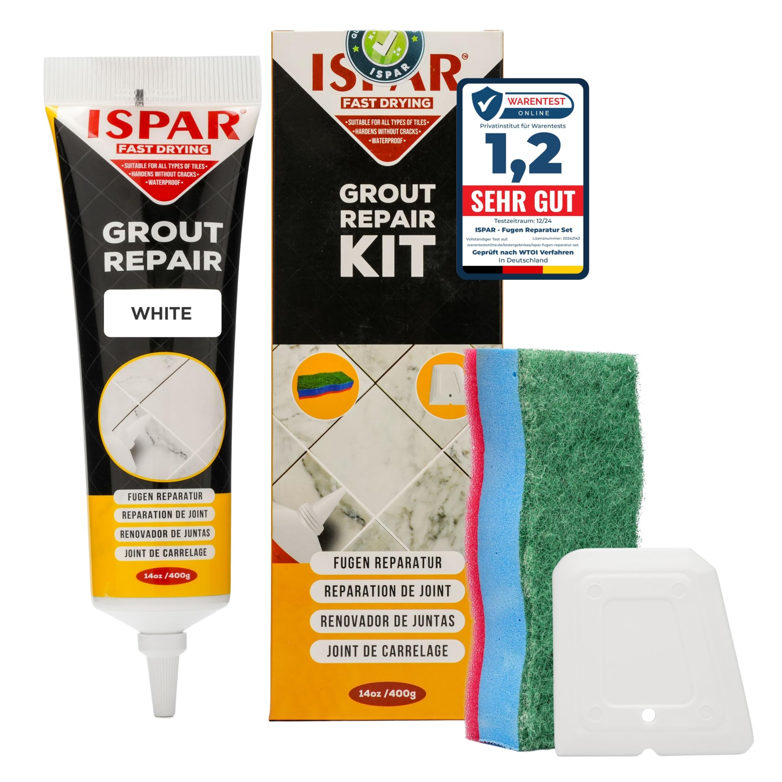 Ispar Tile Grout, 400 g White Grout Reviver, Fast Drying Premixed Grout Repair Kit with Spatula & Sponge, Ideal for Bathroom, Kitchen & Floor Tiles Renewal
