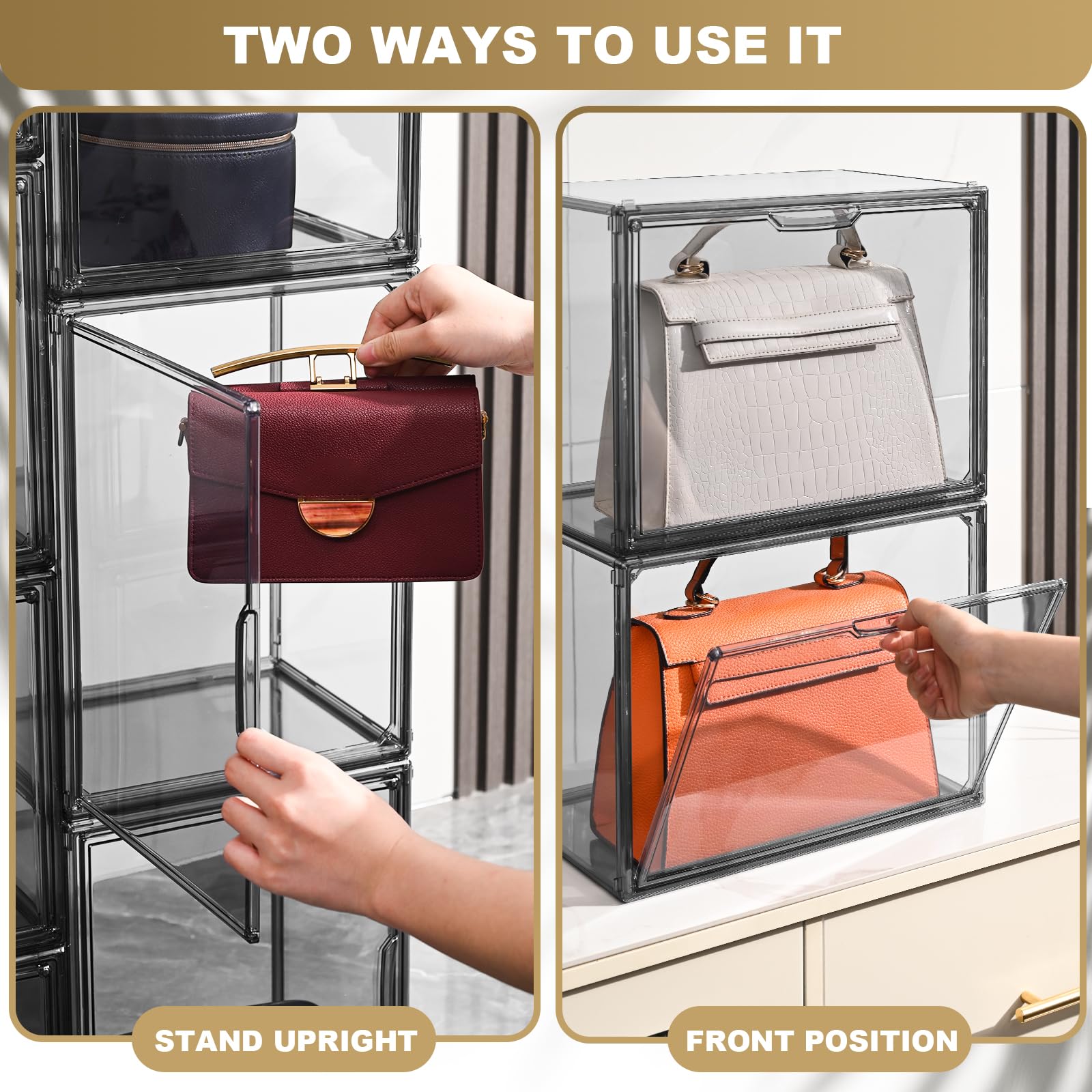 Organizer per borse per armadio, in acrilico grigio trasparente, impilabile, con porta magnetica, per portafoglio, libri, cosmetici, giocattoli (4)